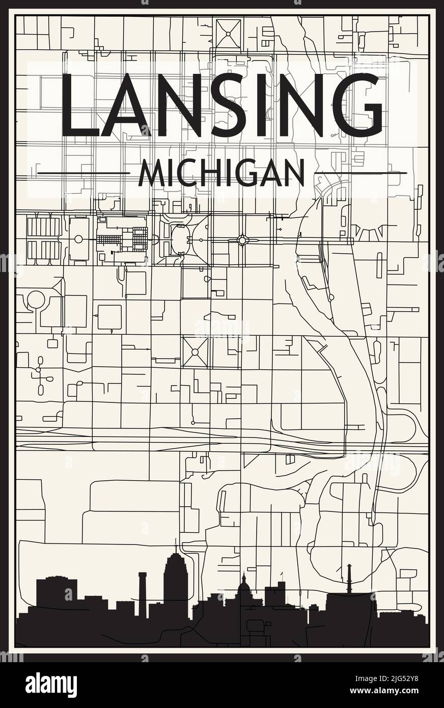 Stampa chiara poster della città con skyline panoramico e rete di strade disegnate a mano su sfondo beige vintage del centro DI LANSING, MICHIGAN Illustrazione Vettoriale