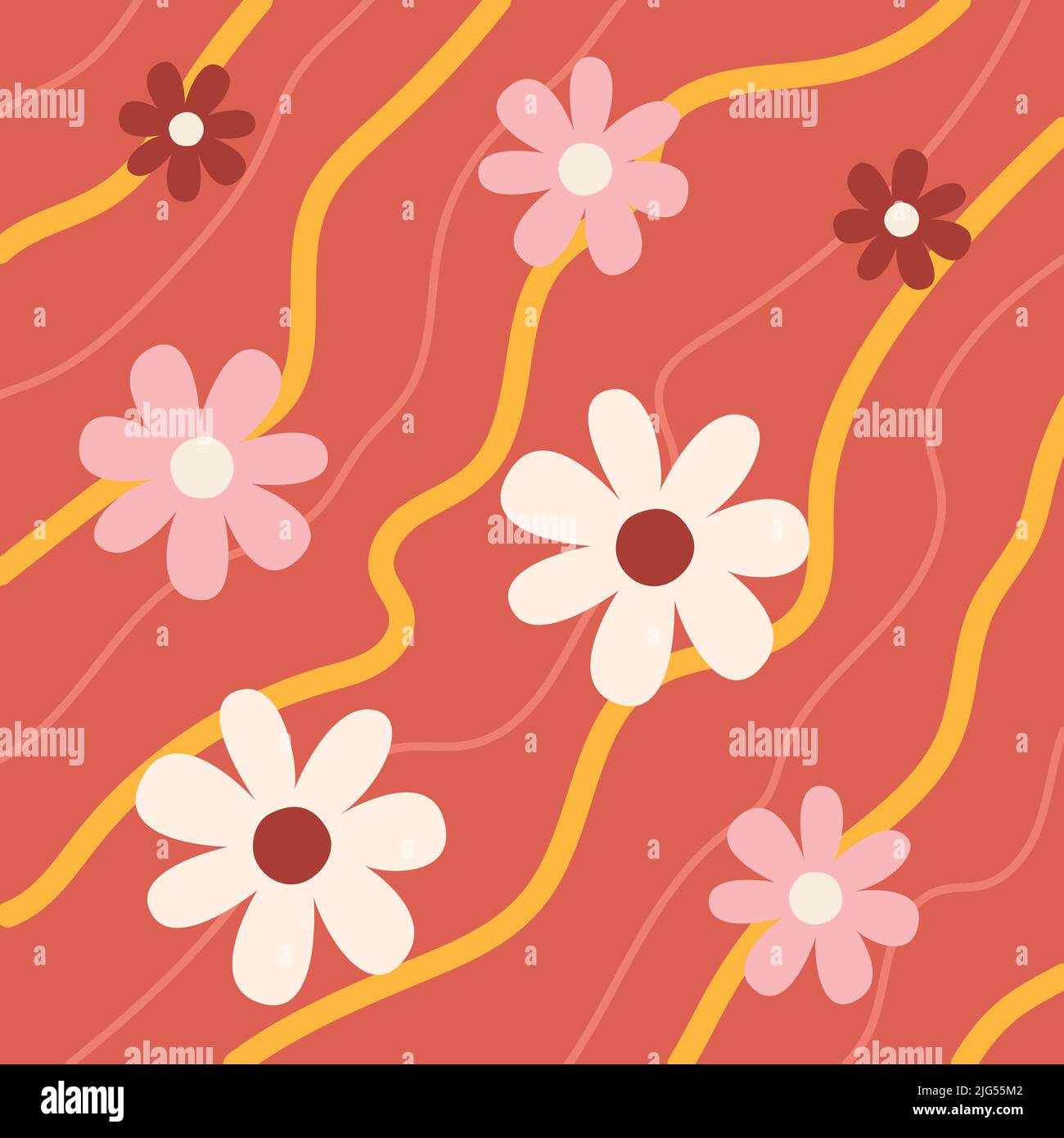 Schema grovy margherita trippy. Margherite e linee su sfondo rosso. 70s vibes sfondo floreale. Illustrazione vettoriale disegnata a mano, stile piatto. Illustrazione Vettoriale