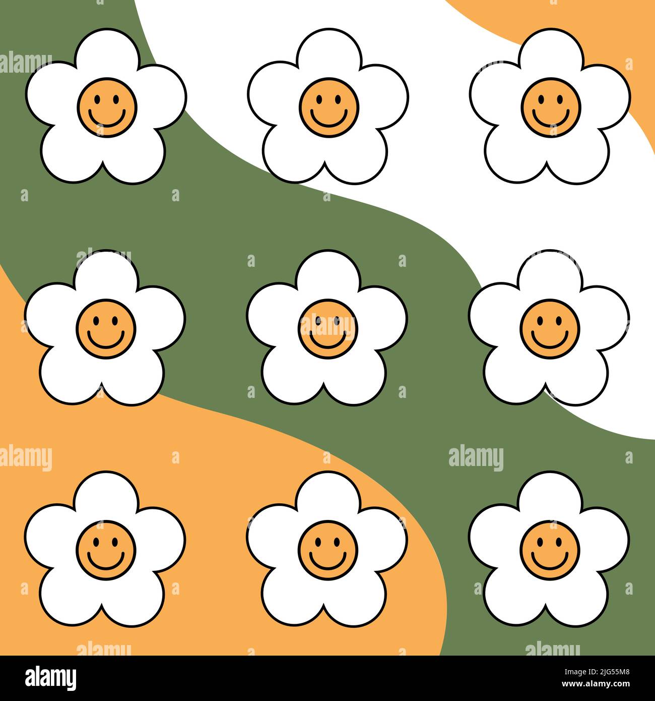 1970 schema a margherita. Margherite bianche con volti sorridenti su sfondo colorato. 70s vibes sfondo floreale. Illustrazione vettoriale disegnata a mano grovy. Illustrazione Vettoriale