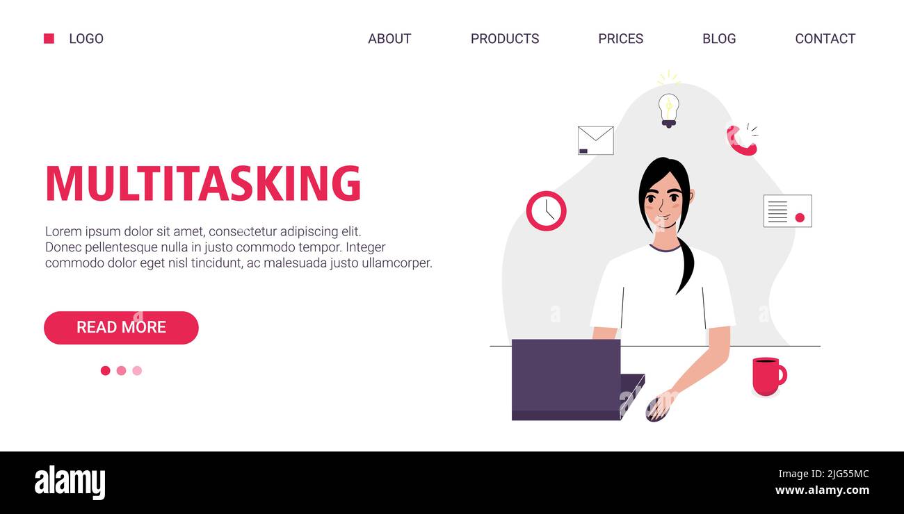 Concetto di multitasking femminile piatto. Modello di pagina di destinazione. Giovane donna che lavora su un computer. Illustrazione vettoriale in stile piatto. Illustrazione Vettoriale
