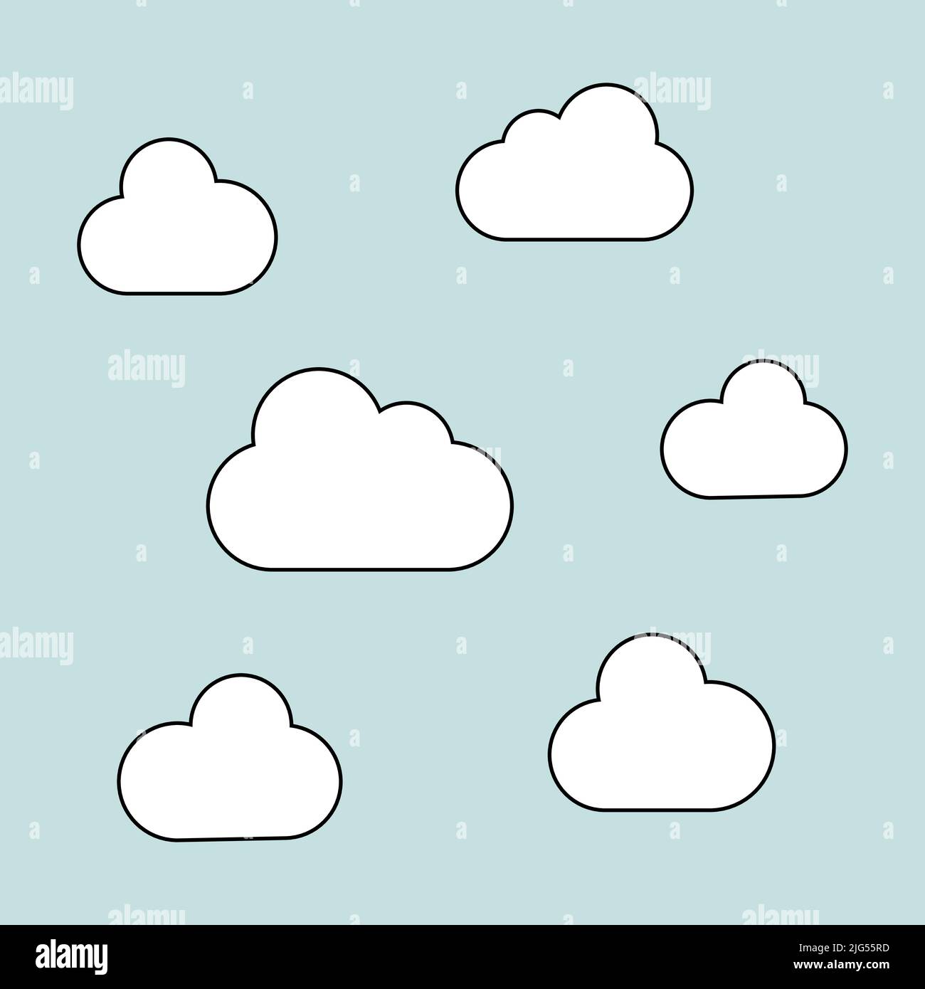 cloud a 1970 trippy pattern. Nuvole bianche su sfondo blu chiaro. 70s vibrazione sfondo. Illustrazione vettoriale disegnata a mano grovy. Illustrazione Vettoriale