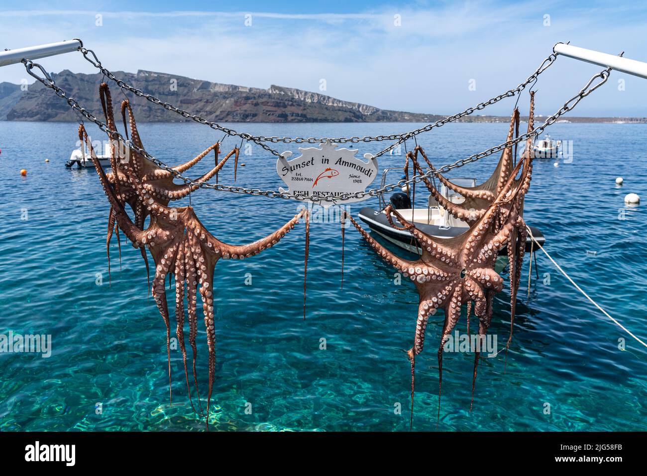 Polpo appeso nella baia di Ammoudi a Oia, famosa per i suoi ristoranti di pesce. Santorini, Grecia, 2022 aprile Foto Stock