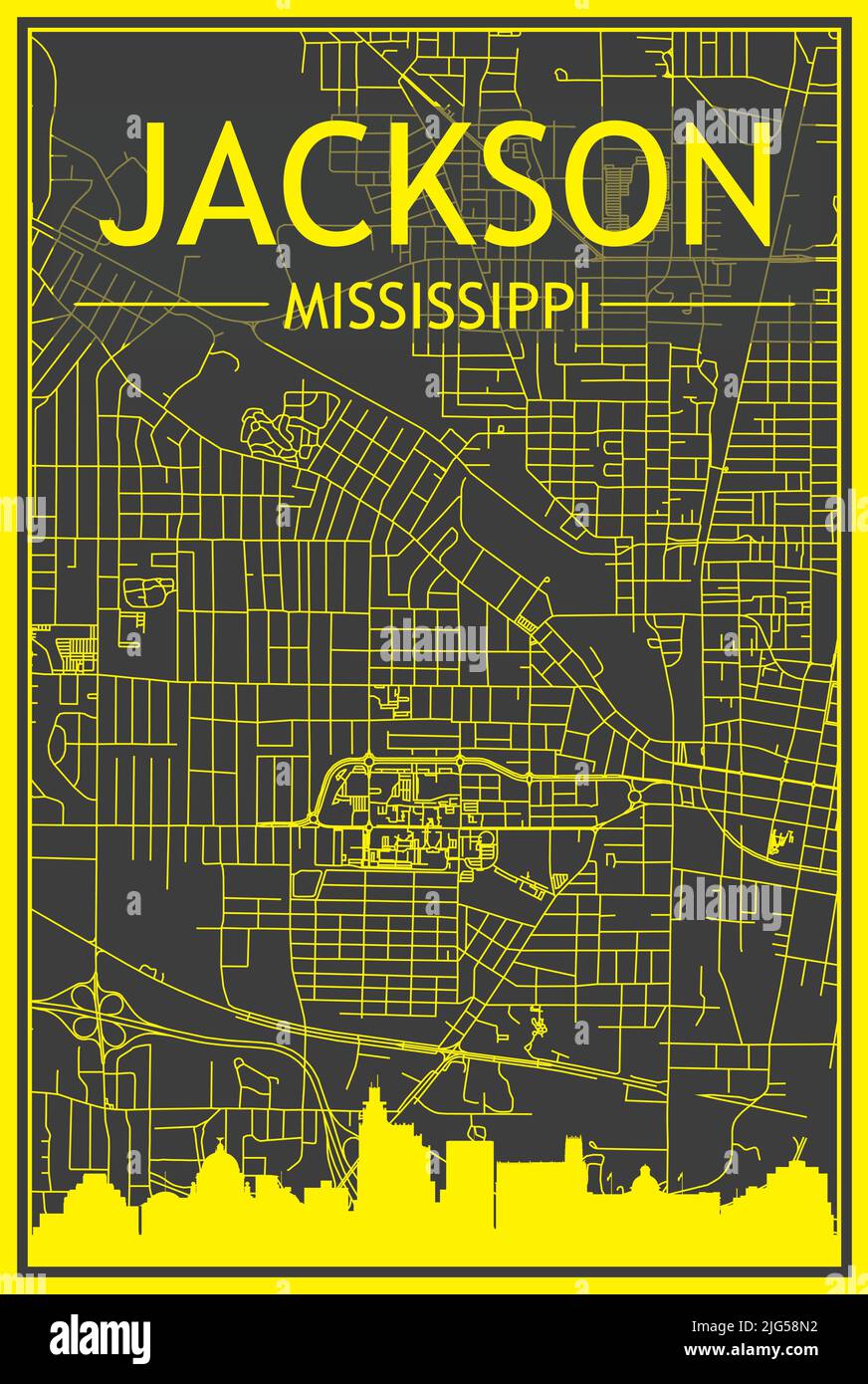 Poster giallo stampato della città con skyline panoramico e rete di strade disegnate a mano su sfondo grigio scuro del centro DI JACKSON, MISSISSIPPI Illustrazione Vettoriale