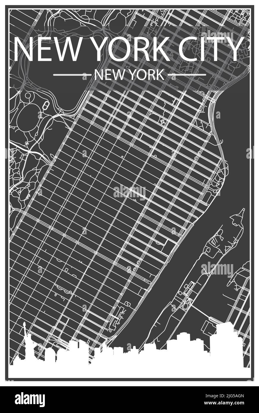 Stampa scura poster della città con skyline panoramico e rete di strade su sfondo grigio scuro del centro di NEW YORK, NEW YORK Illustrazione Vettoriale