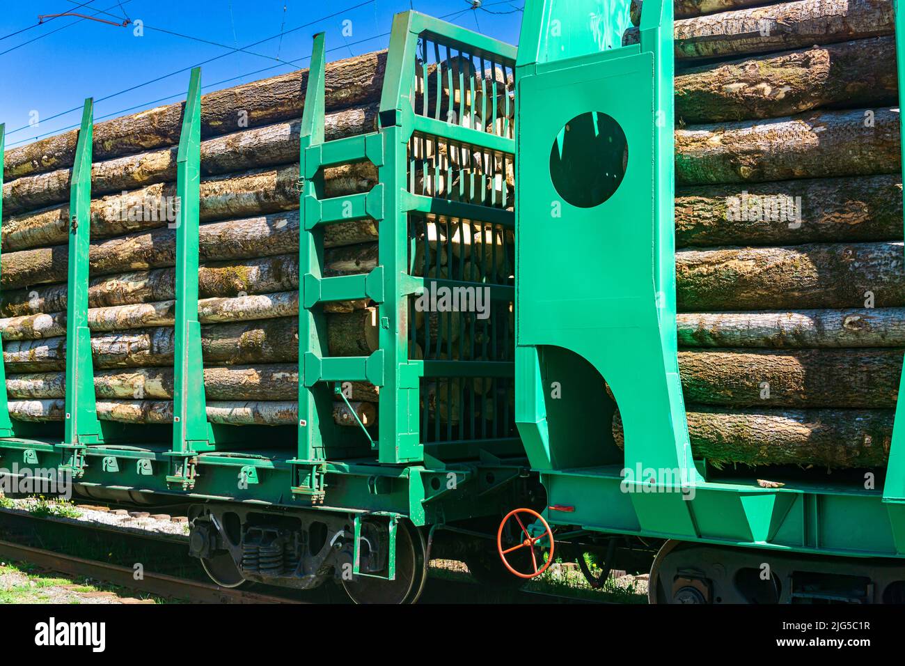carri ferroviari caricati per il trasporto di tronchi da vicino Foto Stock