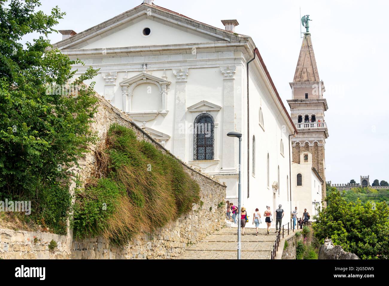 Chiesa Parrocchiale e Campanile di San Giorgio, Adamiceva ulica, Pirano (Pirano), Istria slovena, Slovenia Foto Stock