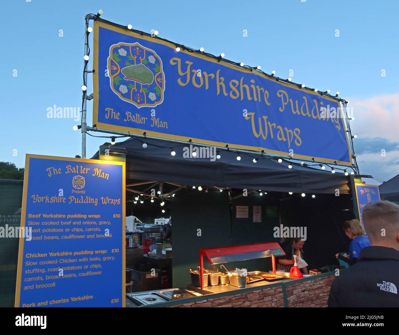 Il Batter Man, Yorkshire Pudding Wraps stall a Silverstone Woodlands, Silverstone , Northamptonshire, Inghilterra, Regno Unito Foto Stock
