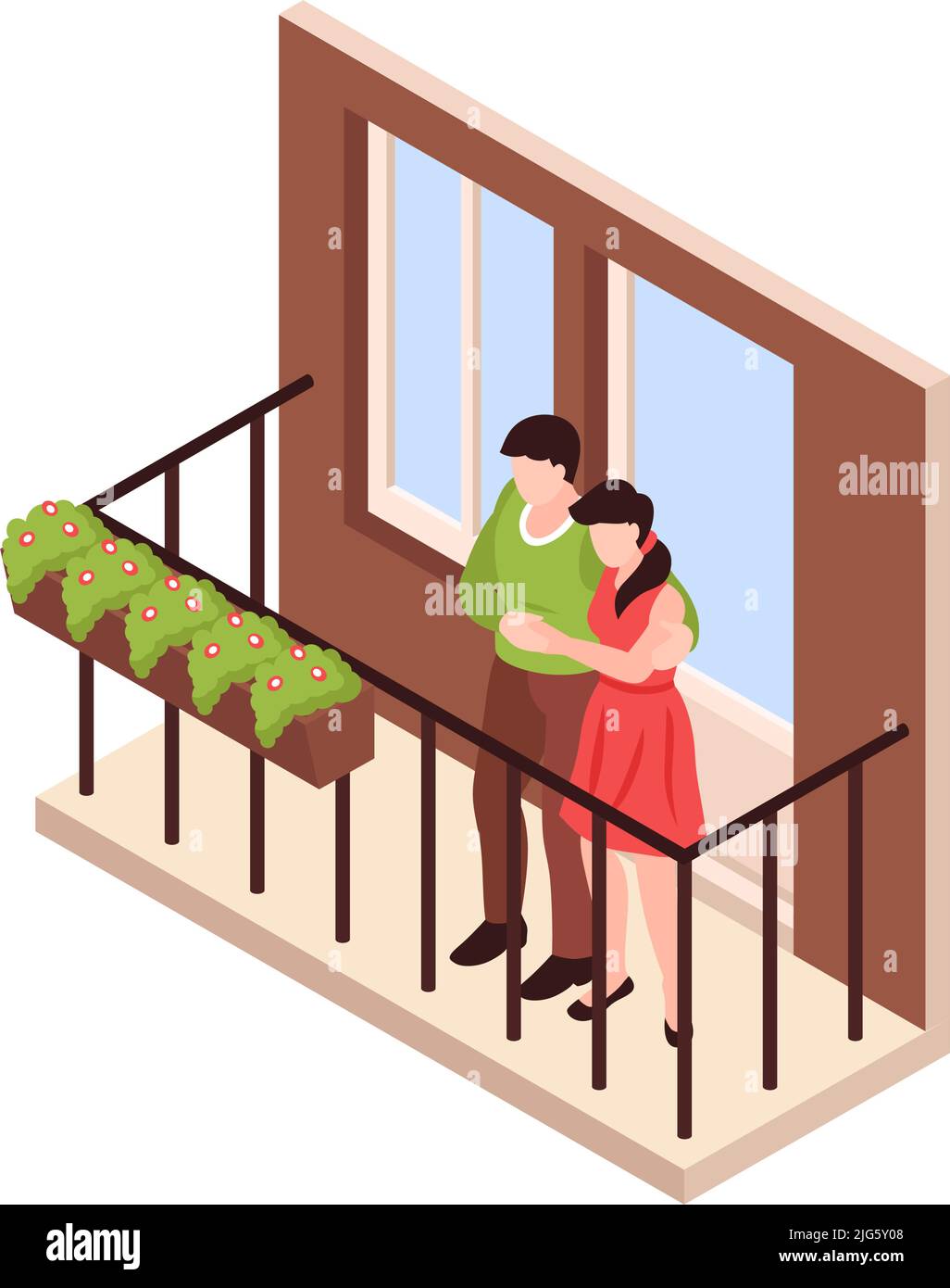 Bella icona isometrica del quartiere con coppia abbracciante sul balcone illustrazione vettoriale Illustrazione Vettoriale