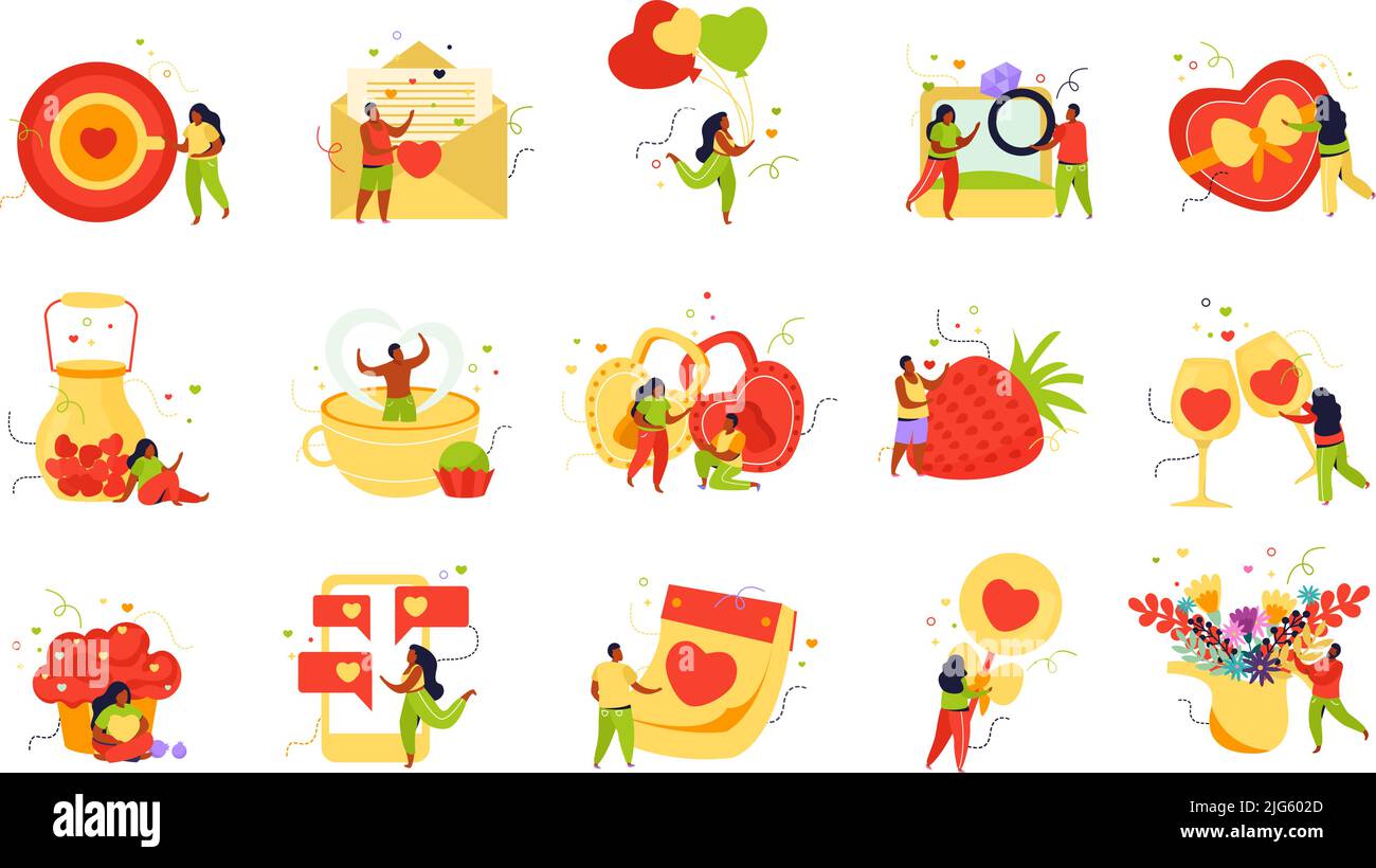 Valentines giorno piatto recolor set con icone isolate di palloncini a forma di cuore blocca dolci e messaggi illustrazione vettoriale Illustrazione Vettoriale