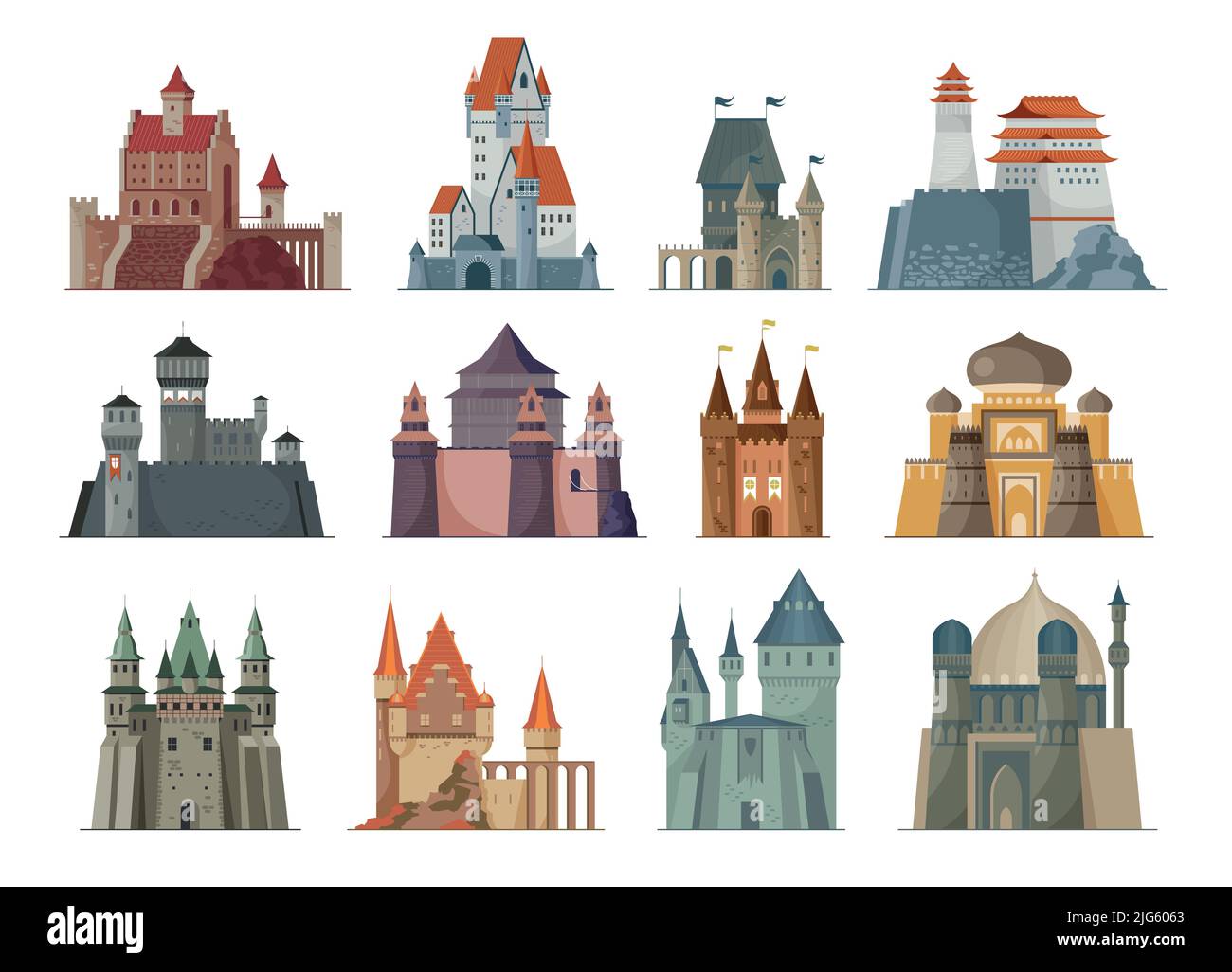 Flat set di castelli medievali in diversi stili architettonici su sfondo bianco isolato illustrazione vettoriale Illustrazione Vettoriale