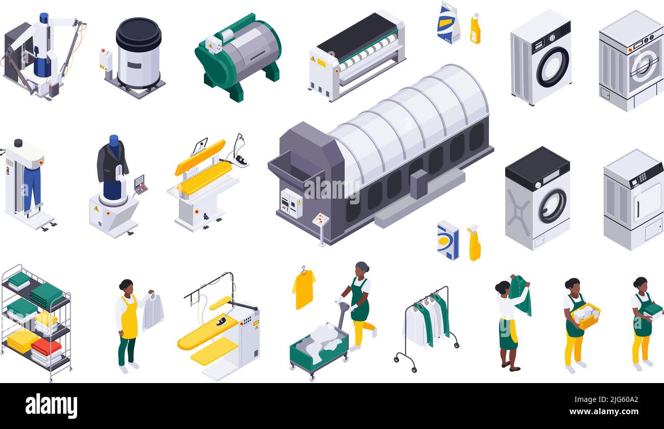 Composizione isometrica per il lavaggio della biancheria con icone isolate di pannelli di bordo per macchine lavabiancheria con ferro da stiro e illustrazione vettoriale degli operai Illustrazione Vettoriale