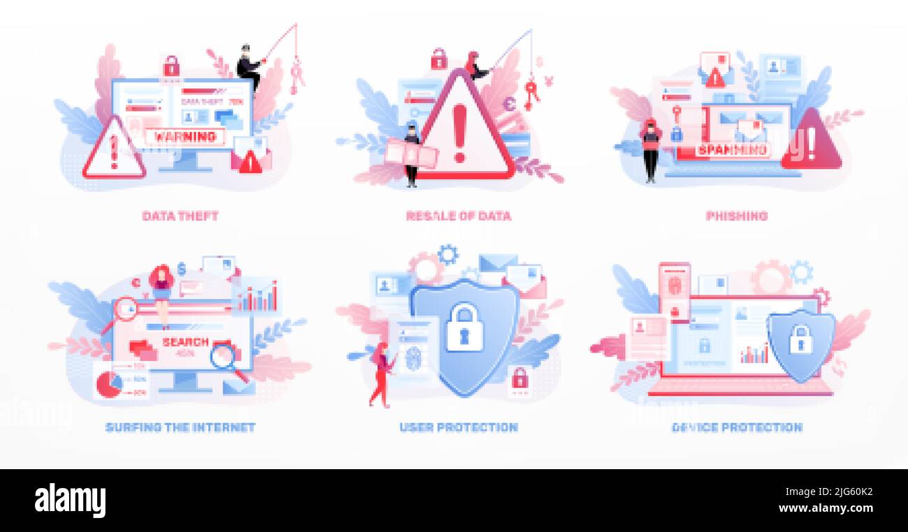 Set di sei composizioni isolate per la privacy dei dati con icone piatte di avvisi di blocco e scherma l'illustrazione vettoriale Illustrazione Vettoriale