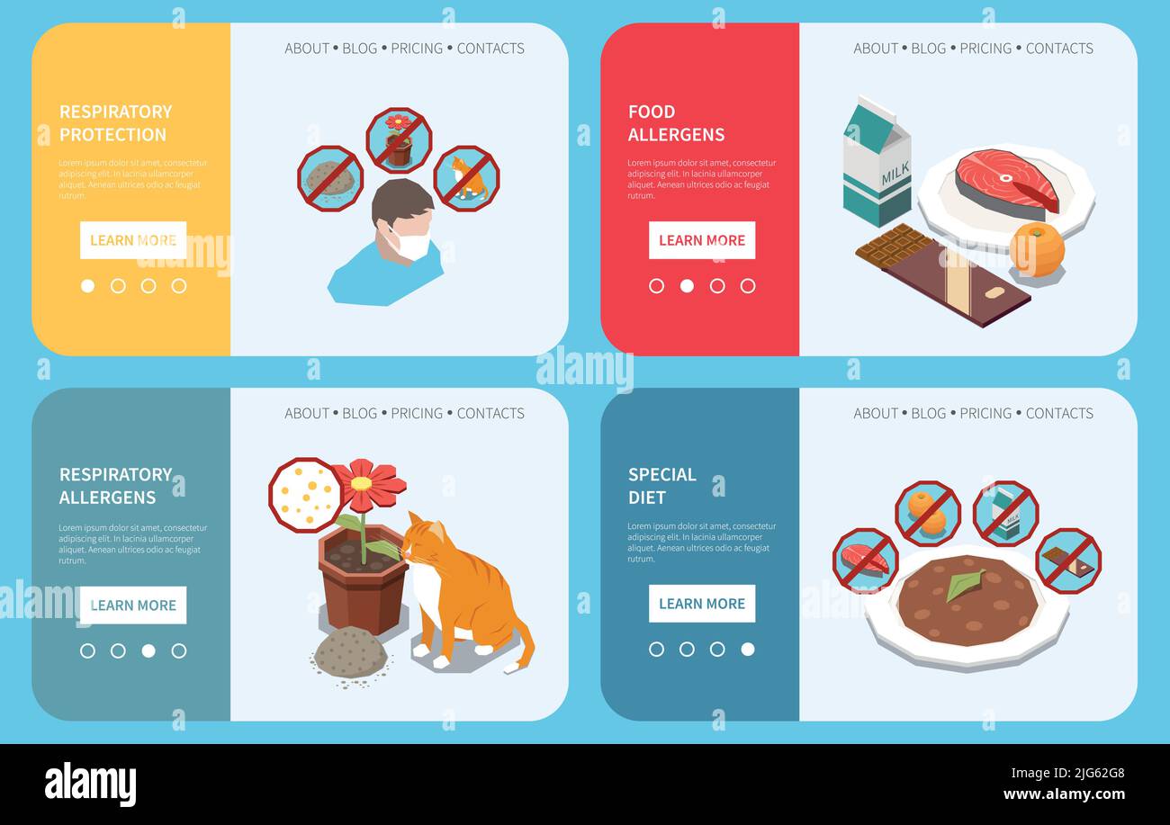 Dieta allevia i sintomi allergia alimentare protezione respiratoria maschere facciali 4 pagine web isometriche informative set illustrazione vettoriale Illustrazione Vettoriale