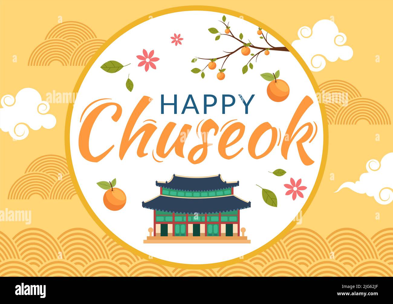 Giornata di Chuseok felice in Corea per Thanksgiving con testo di Calligraphy, Luna piena e Paesaggio del cielo in Illustrazione del cartoon piatto Illustrazione Vettoriale