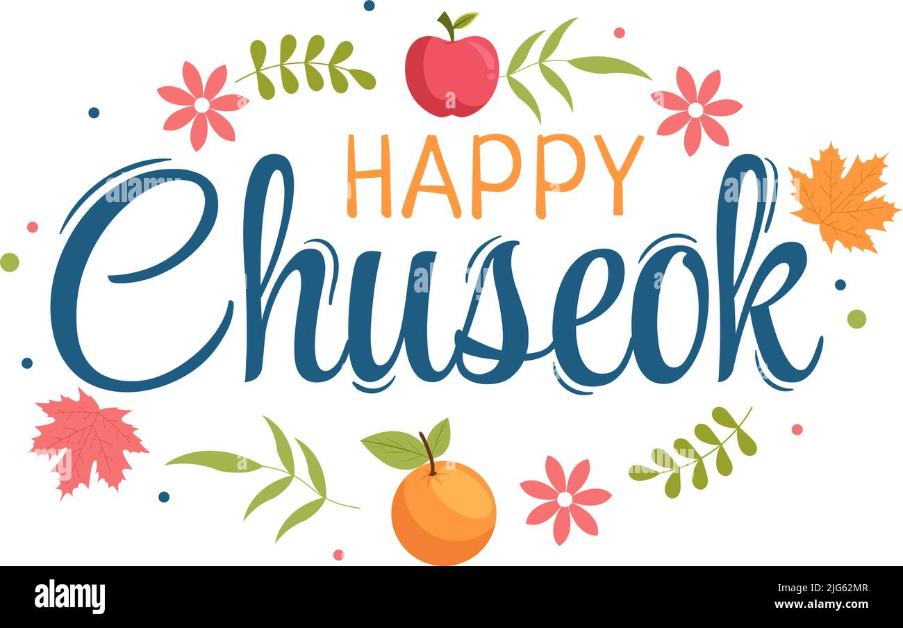 Giornata di Chuseok felice in Corea per Thanksgiving con testo di Calligraphy, Luna piena e Paesaggio del cielo in Illustrazione del cartoon piatto Illustrazione Vettoriale