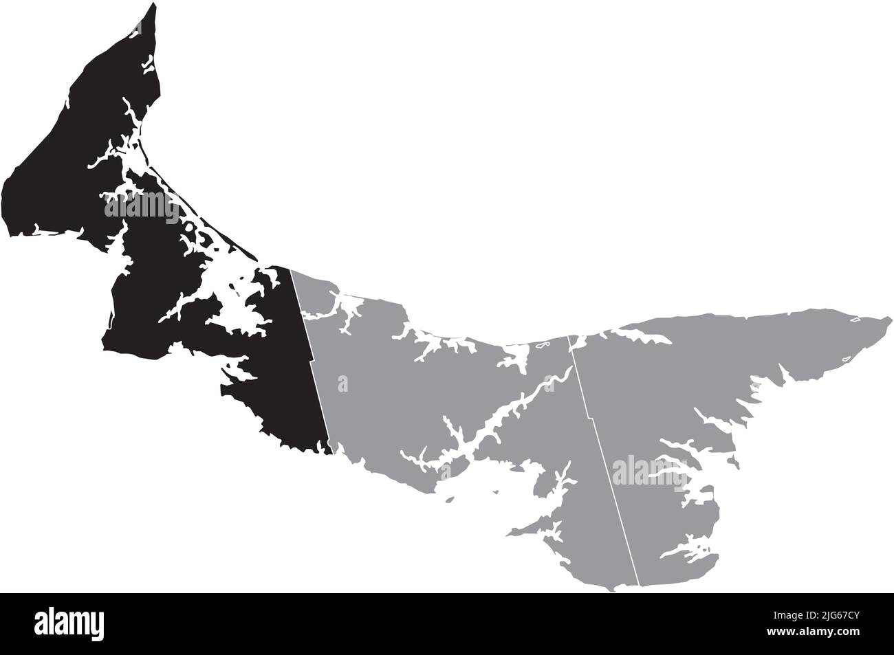 Nero piatto vuoto evidenziato mappa della posizione della CONTEA DI PRINCE all'interno di grigio mappa amministrativa delle contee della provincia canadese di Prince Edward Island Illustrazione Vettoriale