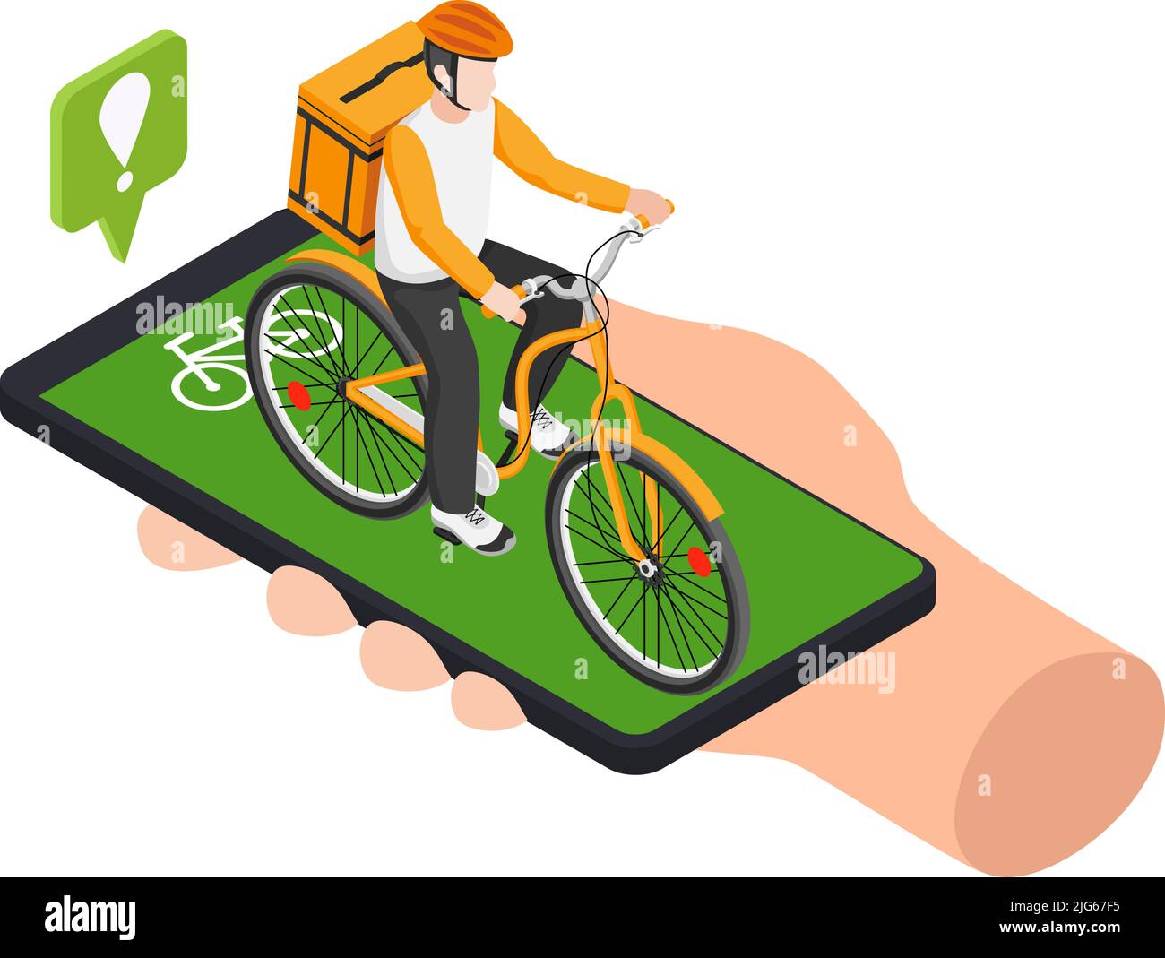 Consegna concetto di shopping online con smartphone con mano umana con corriere in bicicletta sullo schermo 3D illustrazione isometrica vettoriale Illustrazione Vettoriale