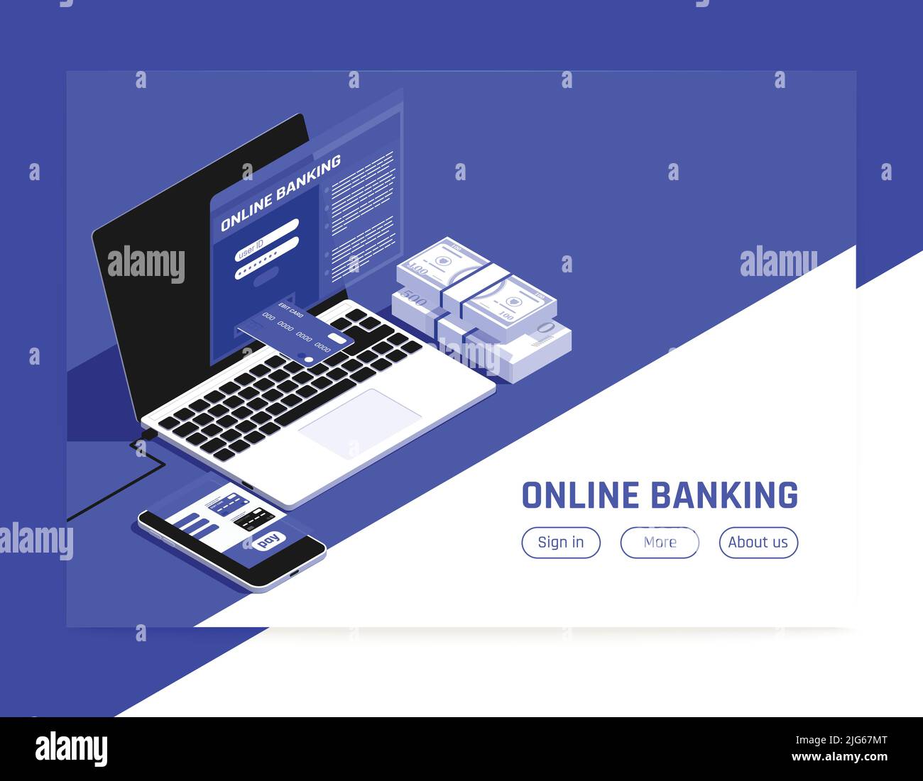 Online banking isometric landing page sito web bianco blu sfondo design con banconote pile info pulsanti illustrazione vettoriale Illustrazione Vettoriale