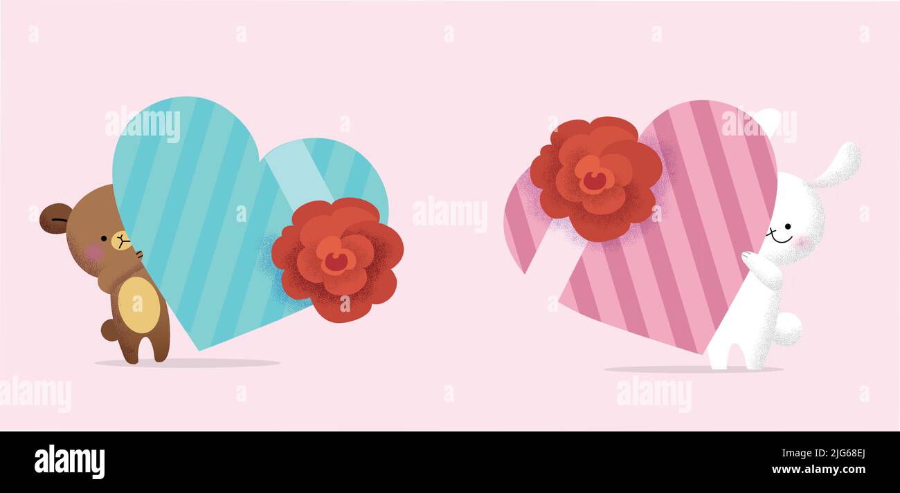 Illustrazione vettoriale piatta del giorno di San Valentino. Carino coniglietto e teddybear isolato che tiene un cuore-a forma di scatola regalo. Illustrazione del saluto di San Valentino. Illustrazione Vettoriale