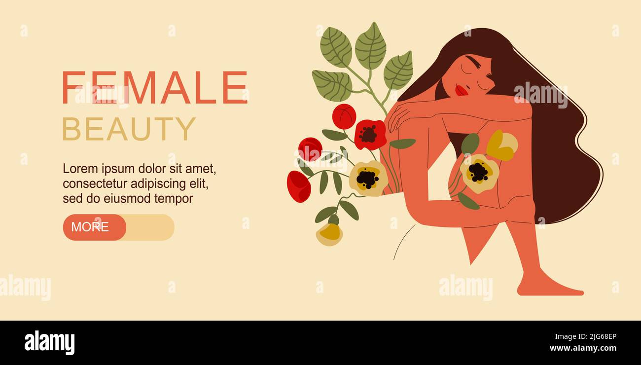 Banner di bellezza femminile piatto con bella donna dai capelli scuri con mazzo di fiori orizzontale illustrazione vettoriale Illustrazione Vettoriale