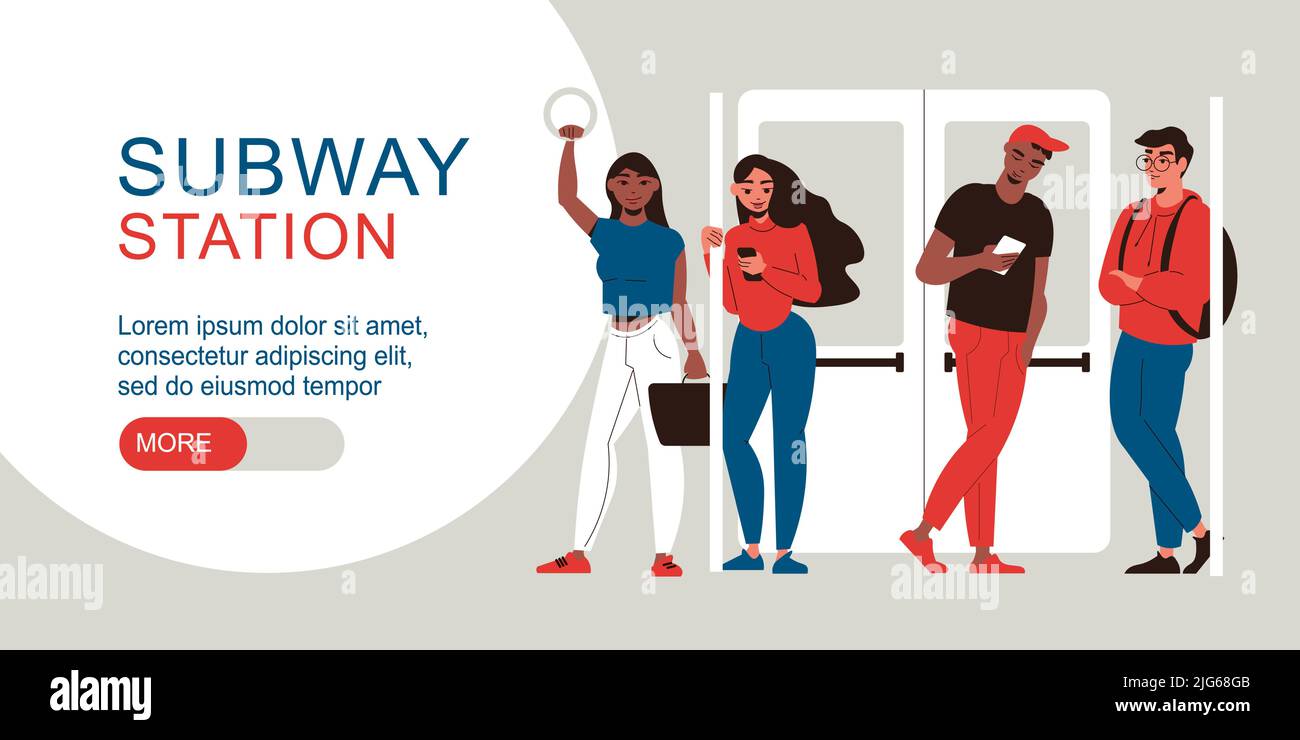 Stendardo orizzontale della stazione della metropolitana piatta con quattro giovani in piedi durante il giro in illustrazione vettoriale della metropolitana Illustrazione Vettoriale