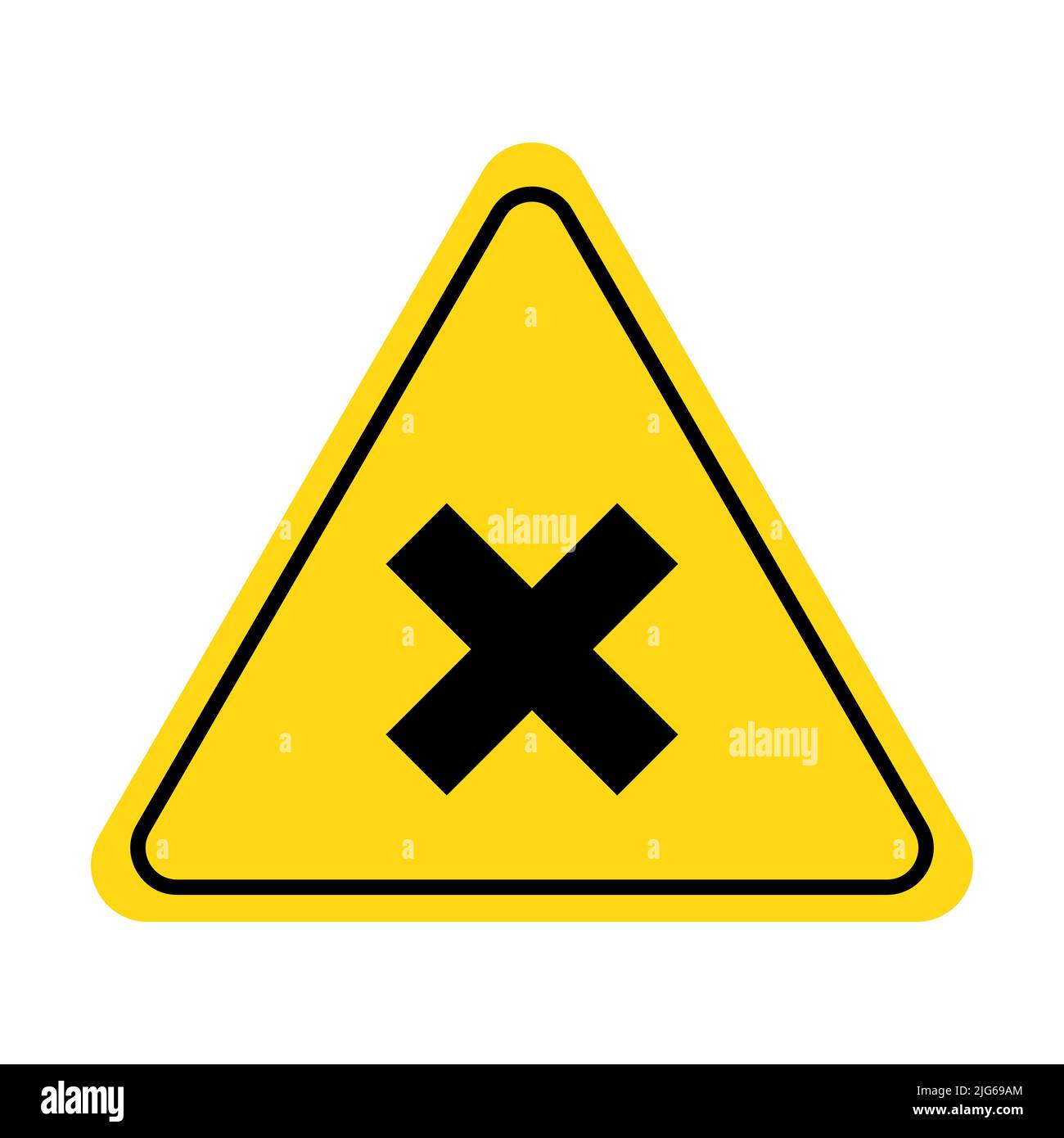 Croce, segnale di stop. Pericolo, icona a croce di avvertenza con simbolo a triangolo giallo. Illustrazione vettoriale. Illustrazione Vettoriale