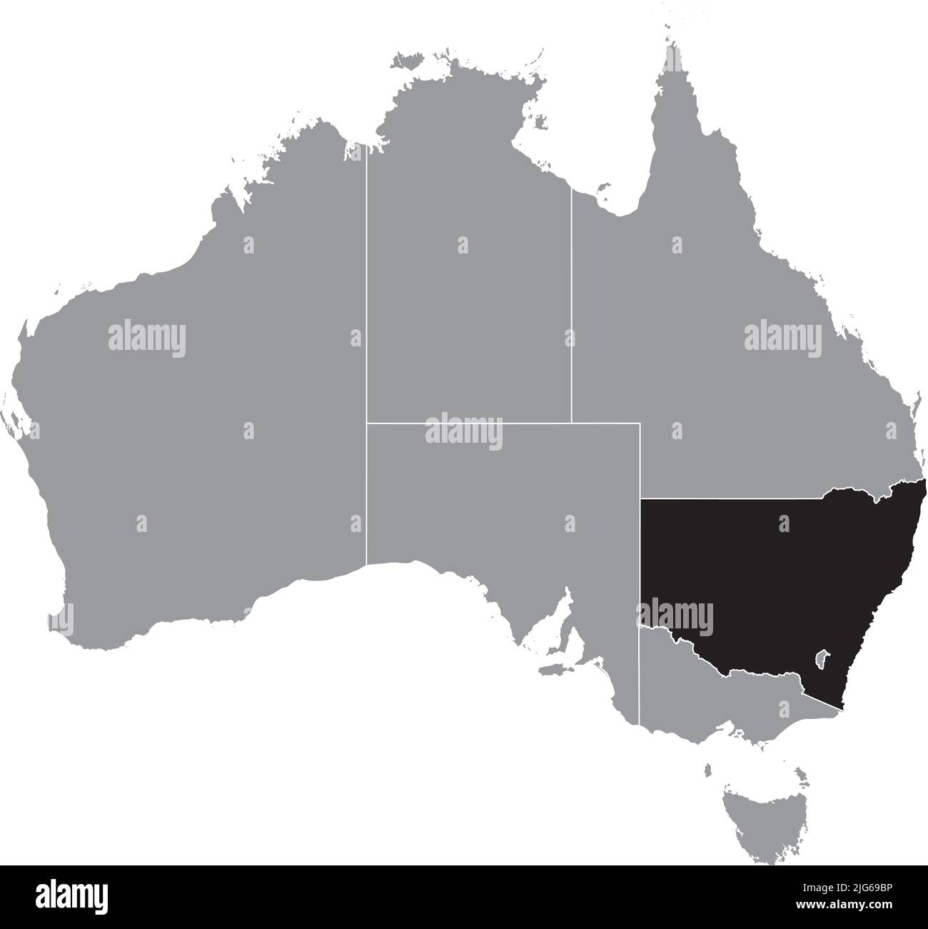 Nero piatto vuoto evidenziato localizzatore mappa amministrativa dello stato australiano DEL NUOVO GALLES DEL SUD all'interno della mappa grigio piatto DELL'AUSTRALIA Illustrazione Vettoriale