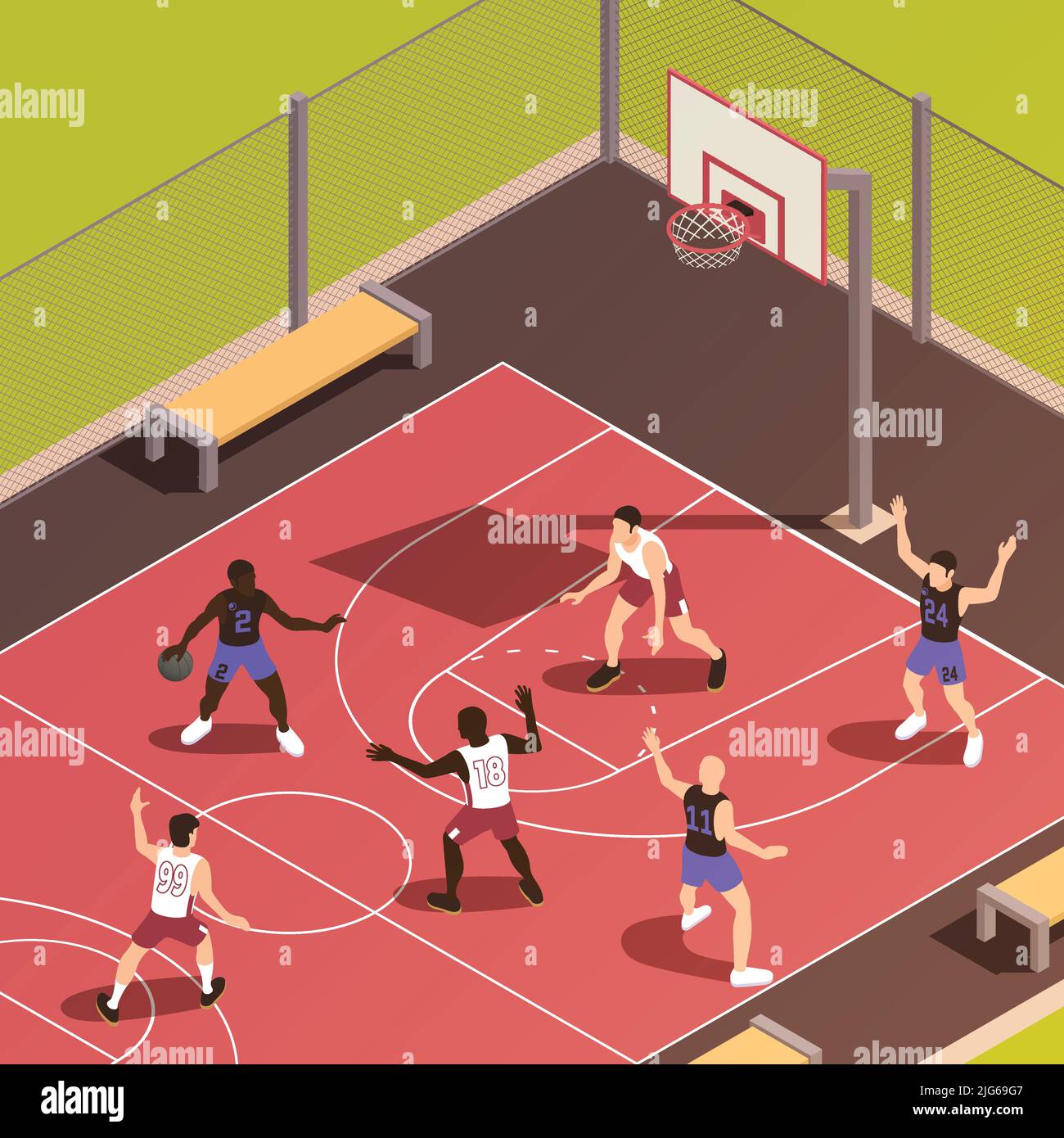 Composizione isometrica di basket con vista esterna del campo di basket con personaggi dei membri della squadra e panchine illustrazione vettoriale Illustrazione Vettoriale