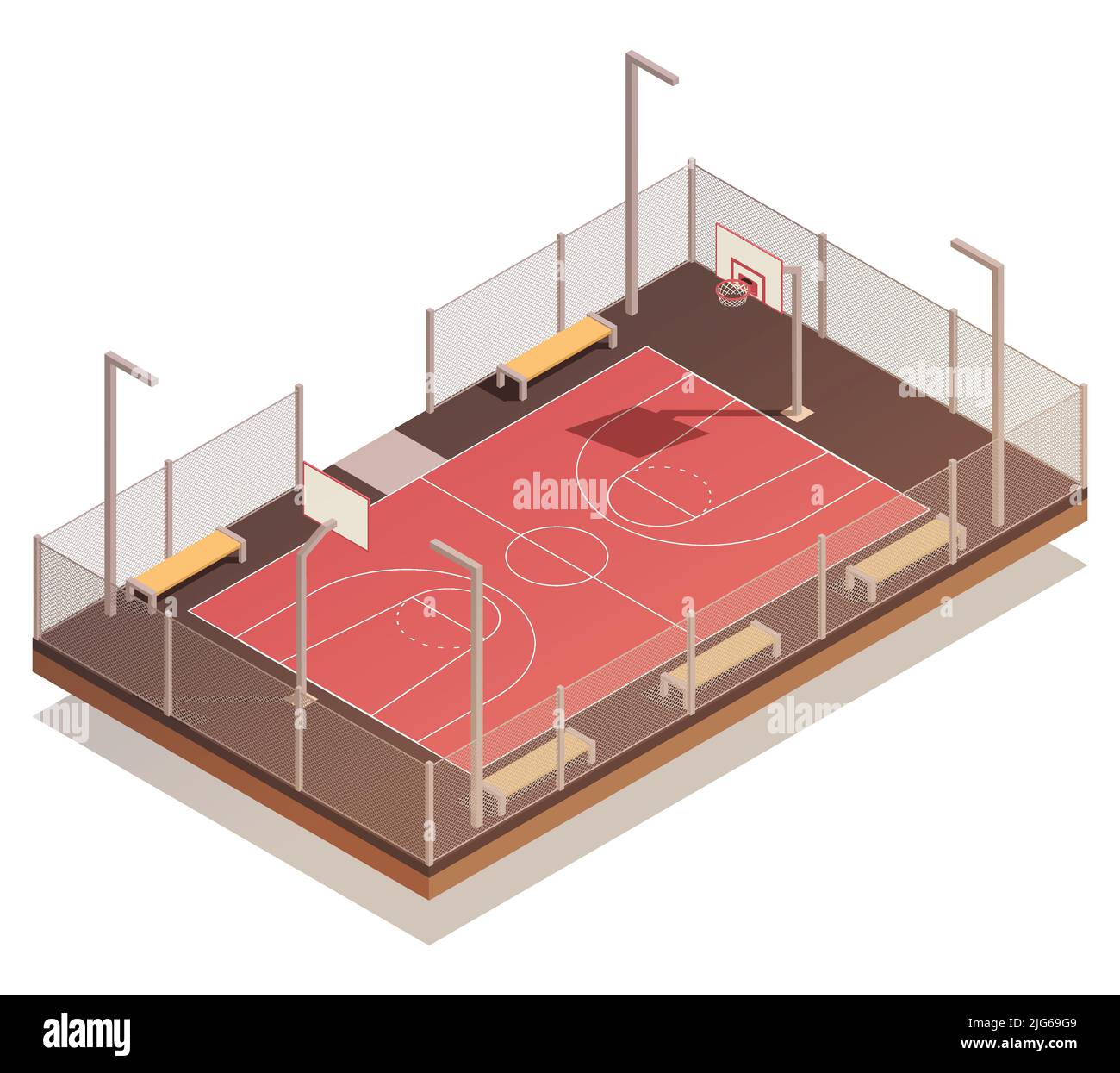 Composizione isometrica da basket con vista isolata di legno duro stradale con banchi lampada e indicazione vettoriale da corte Illustrazione Vettoriale