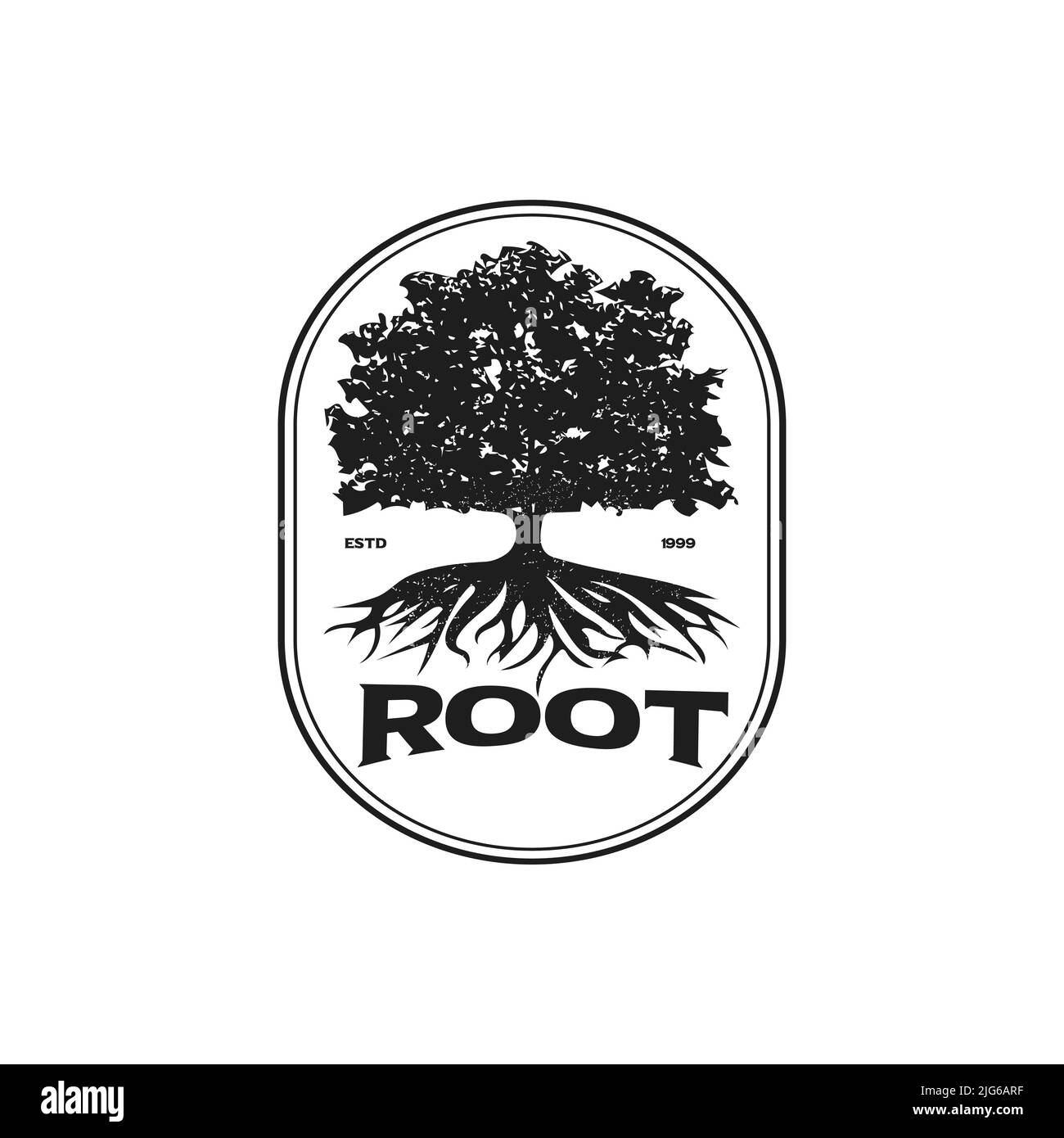 Illustrazione della silhouette di Oak Tree con radici vettoriali vintage logo design, modello, albero della vita, albero astratto a forma di cerchio. Illustrazione Vettoriale