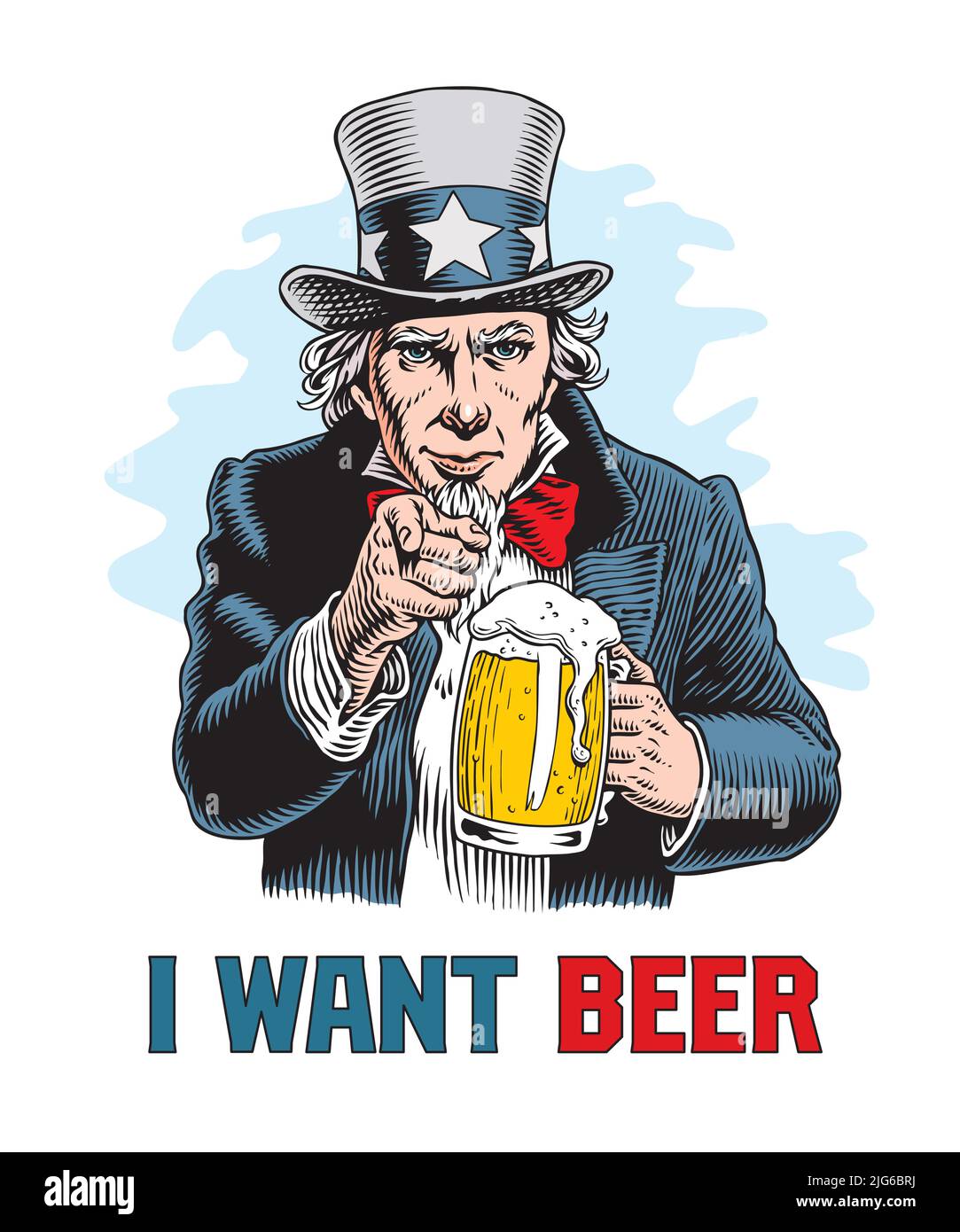 Zio Sam che tiene la tazza di birra e punta. Divertente illustrazione vettoriale stile comico retrò. Idea per poster, etichette, cartoline o t-shirt design. Illustrazione Vettoriale
