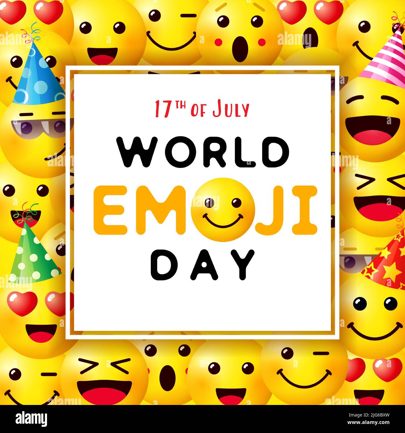 Giornata Mondiale di Emoji, 17th luglio biglietto di auguri. Modello di design con cute emojis viso ed espressione facciale diversa. Motivo di sfondo vettoriale Illustrazione Vettoriale