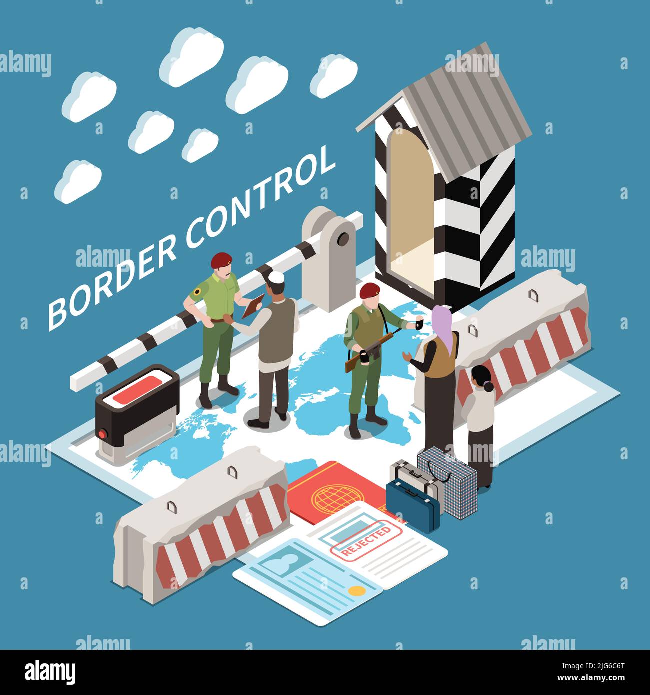 Controllo delle frontiere illustrazione isometrica del vettore con le guardie di frontiera che controllano gli immigrati visto con il timbro respinto Illustrazione Vettoriale