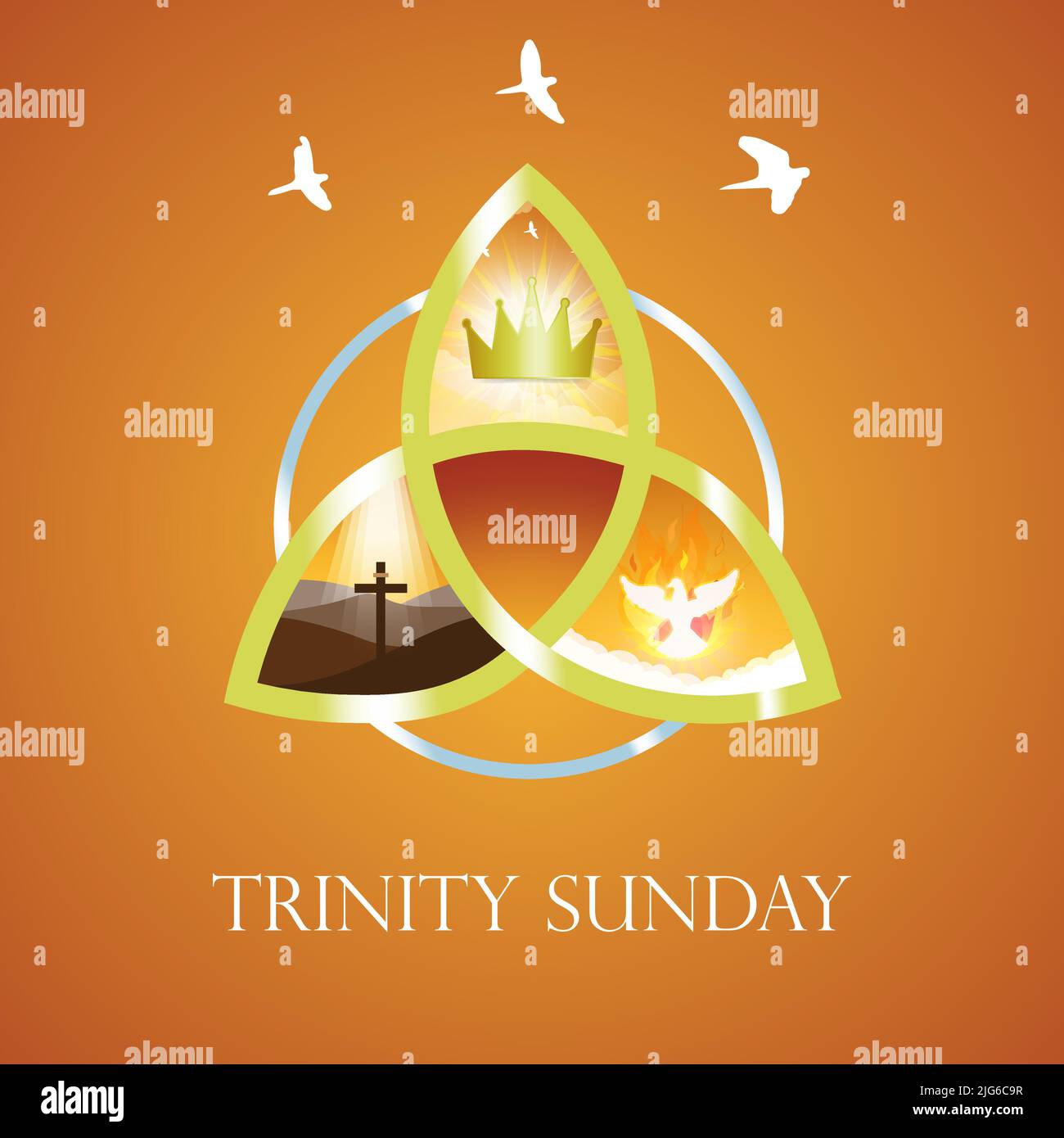 Trinity Sunday biglietto di auguri. trinità religiosa, corona, croce, spirito santo, colomba. Illustrazione Vettoriale