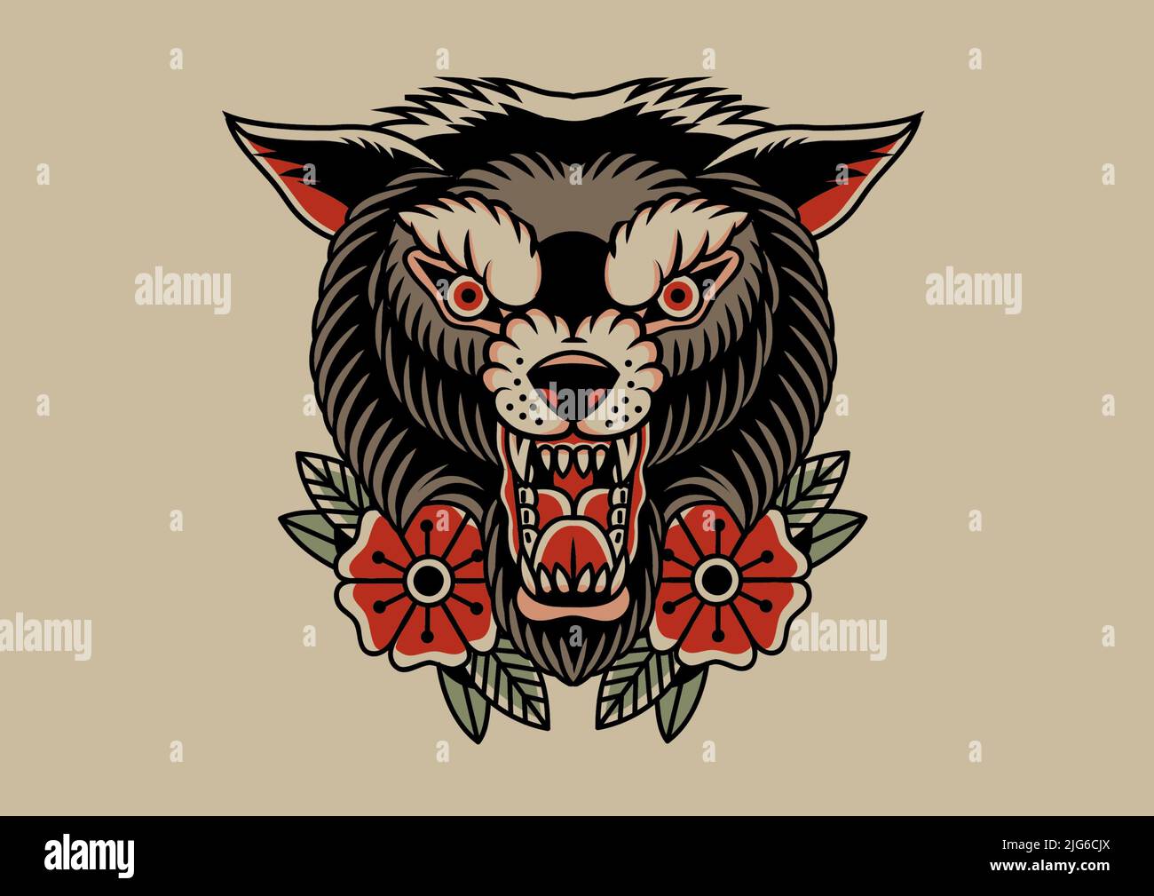 Tatuaggio vecchia scuola disegno lupo grafico Foto Stock