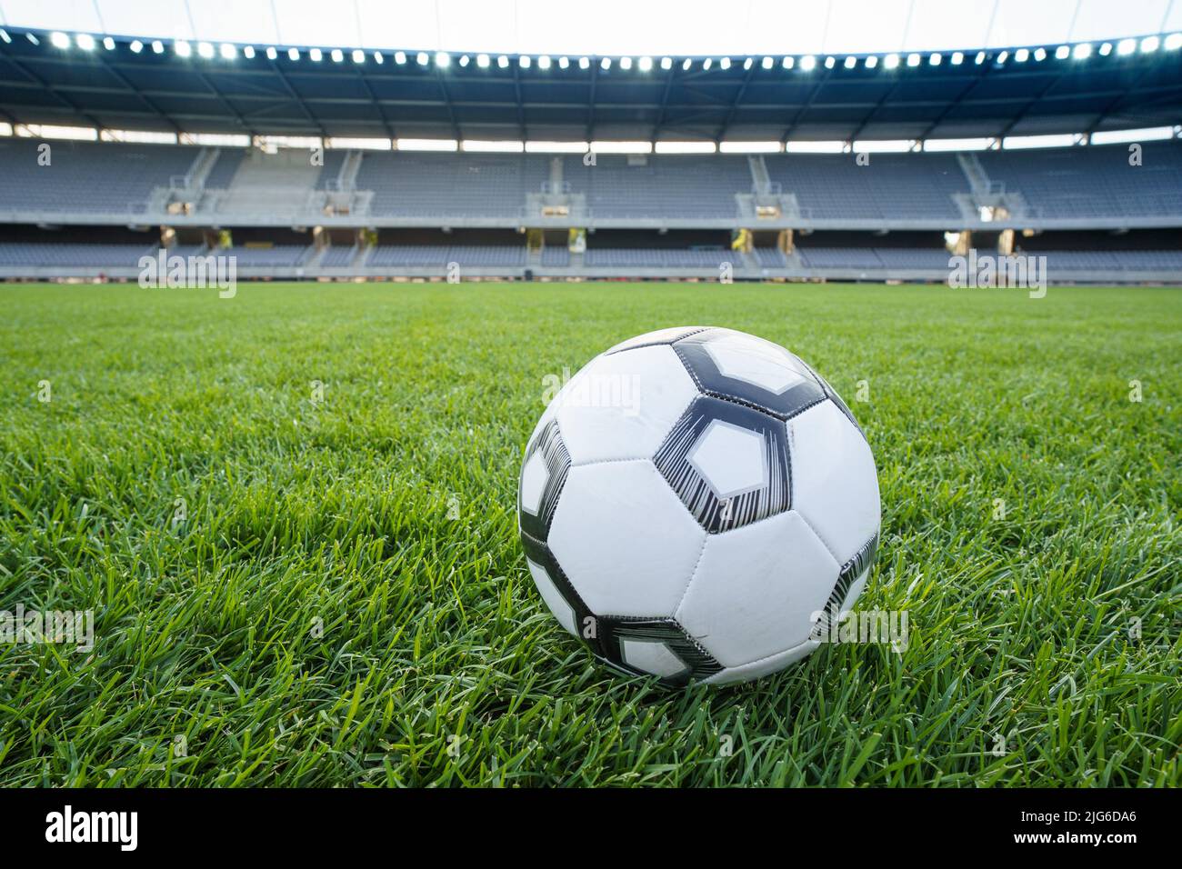Pallone da calcio sul campo di erba verde fresca. Pallone da calcio al grande stadio Foto Stock