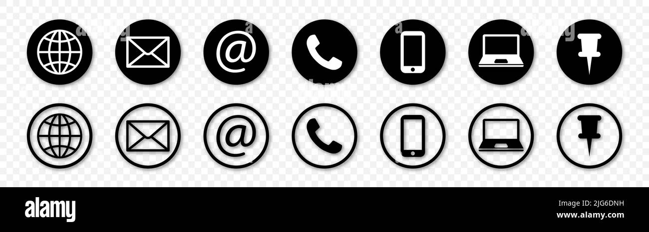 Set di icone di contatti Web, simboli di connessione e posizione isolati su sfondo trasparente in formato vettoriale Illustrazione Vettoriale