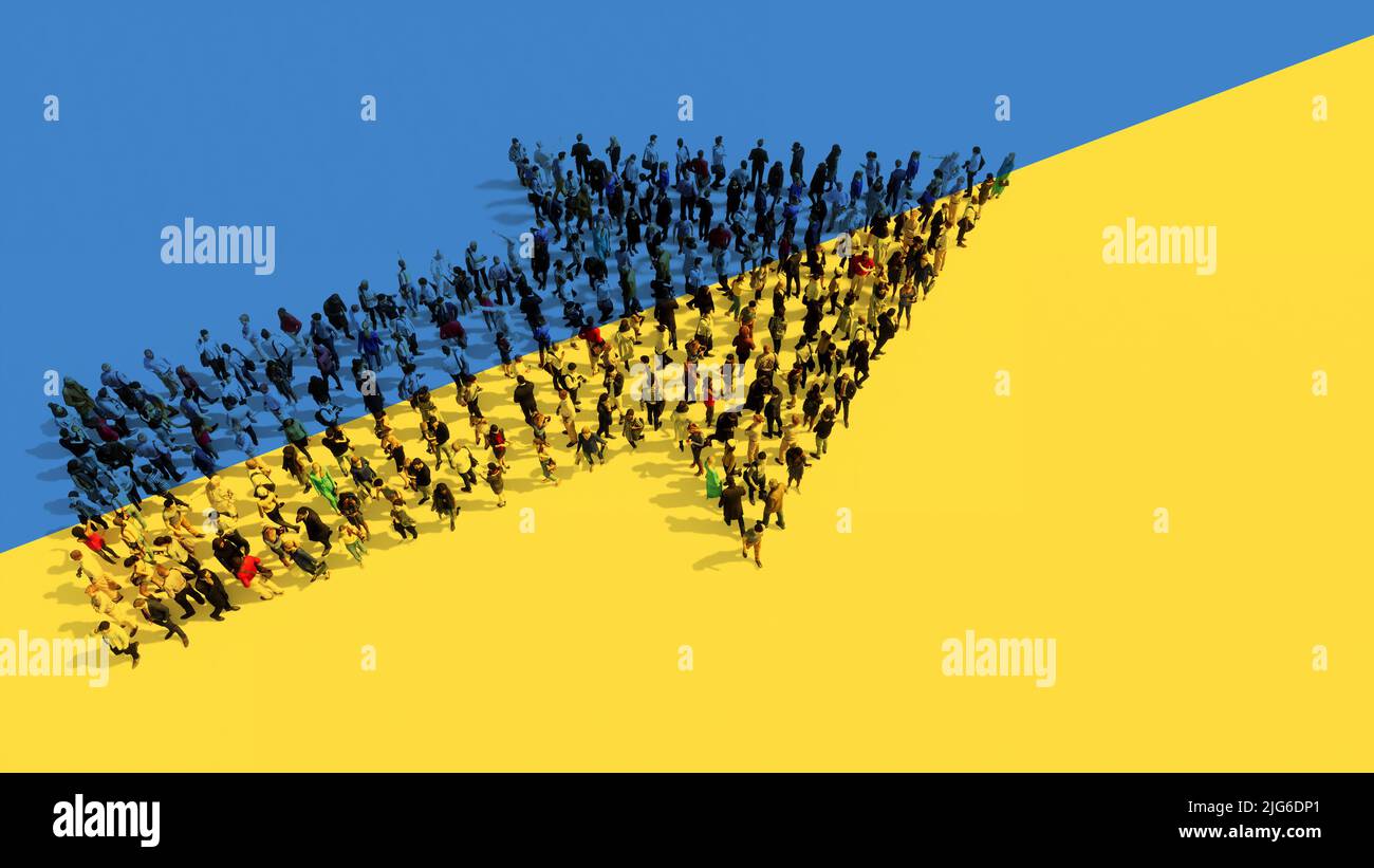 Concetto o comunità concettuale di persone che formano il cartello stradale sulla bandiera Ucraina. 3d metafora illustrativa per decisione, strategia, leadership Foto Stock