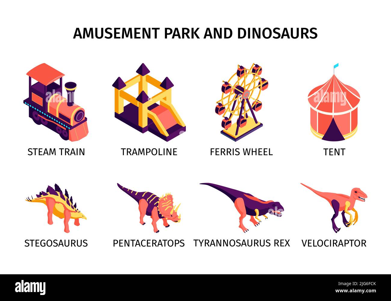Composizioni di parco divertimenti con dinosauri e treno a vapore isometrico isolato illustrazione vettoriale Illustrazione Vettoriale