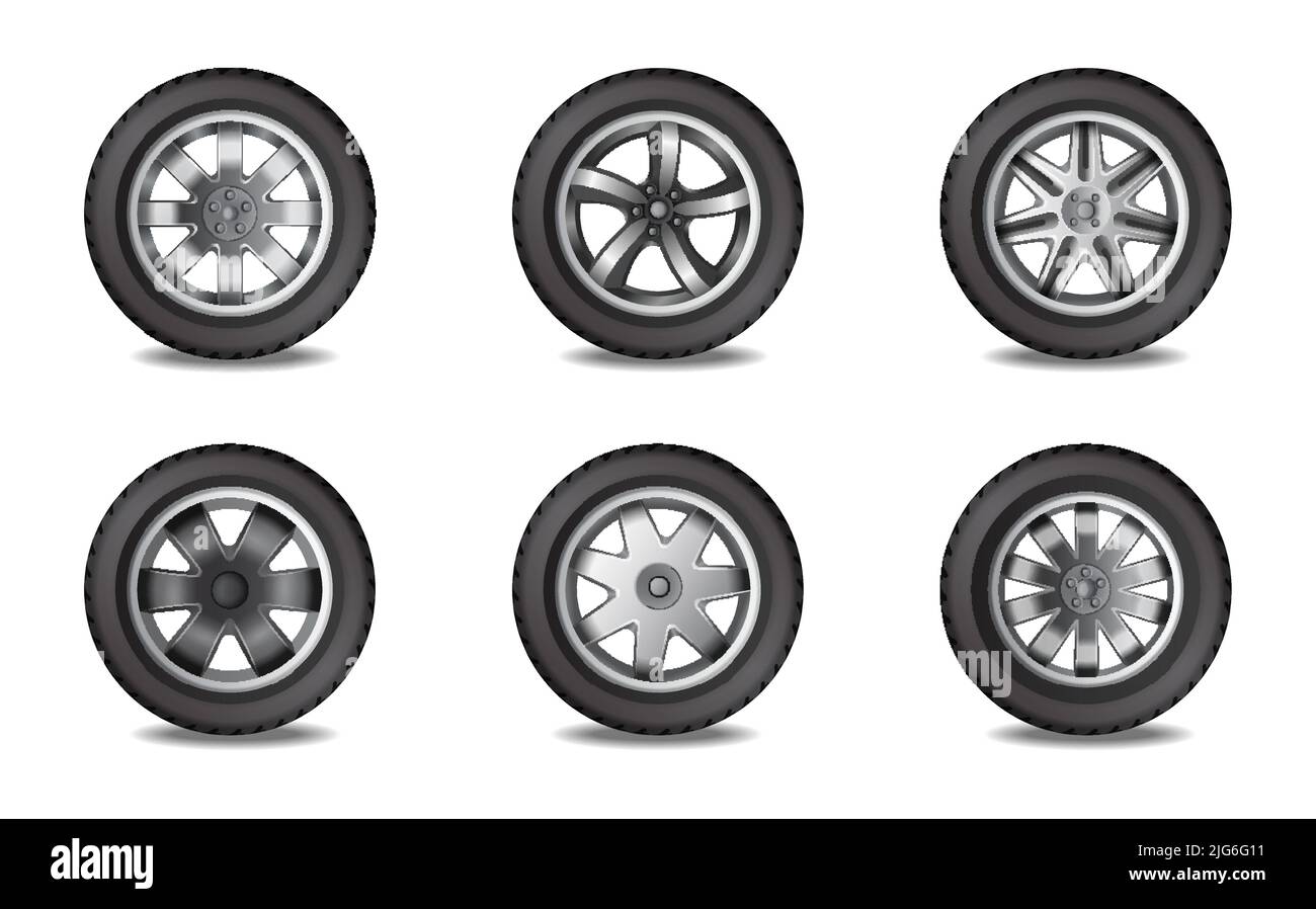 Sei ruote per auto con diverse forme di disco realistico monocromatico set isolato su sfondo bianco illustrazione vettoriale Illustrazione Vettoriale