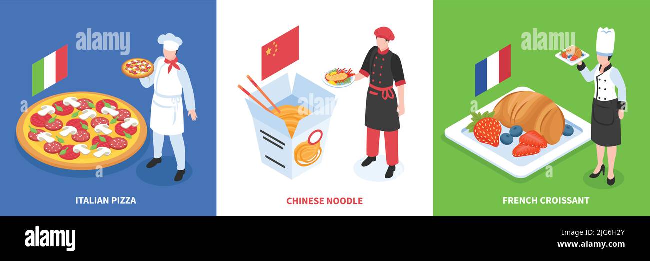 World Cuisine design isometrico set di tre composizioni quadrate con pizza italiana spaghetti cinesi e cornetto francese illustrazione vettoriale Illustrazione Vettoriale