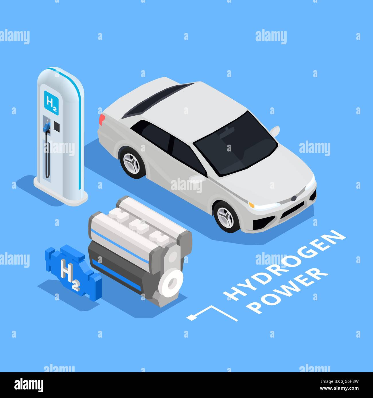 Stazione di rifornimento di idrogeno isometrica motore e auto su sfondo blu 3D illustrazione vettoriale isometrica Illustrazione Vettoriale