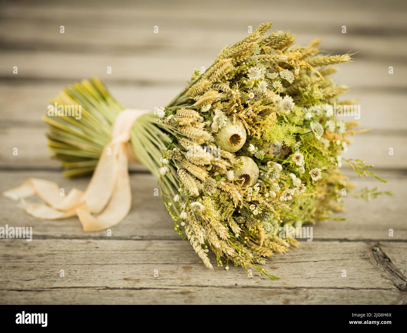 Ancora vita con spighe di grano e fiori selvatici gialli e bianchi. Foto Stock