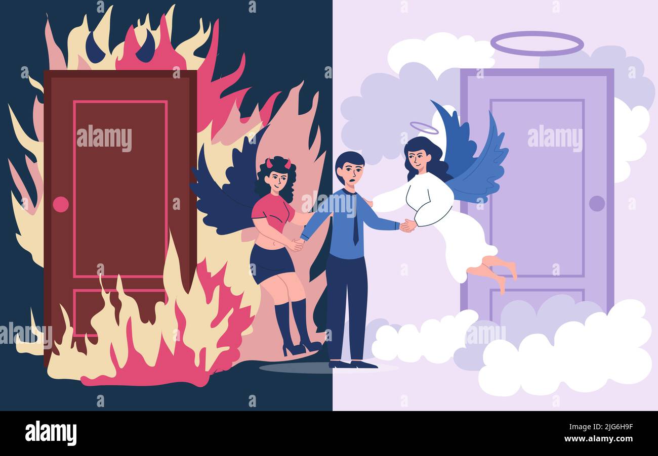 Angeli diavolo composizione piatta divisa in parti scure e luminose con personaggi mitici che lottano per l'illustrazione vettoriale della persona Illustrazione Vettoriale