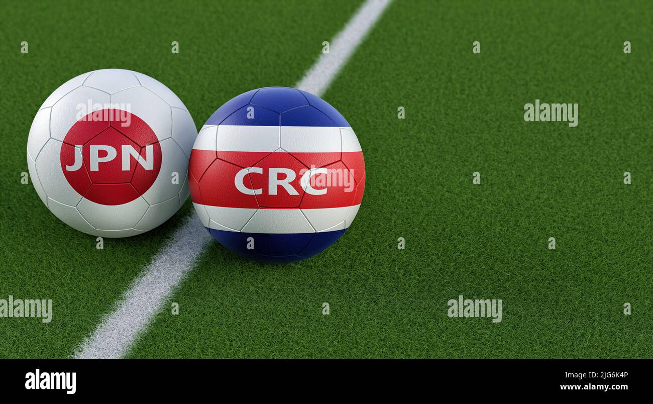 Costa Rica vs Giappone Soccer Match - sfere in pelle in Costa Rica e Giappone colori nazionali. 3D rendering Foto Stock