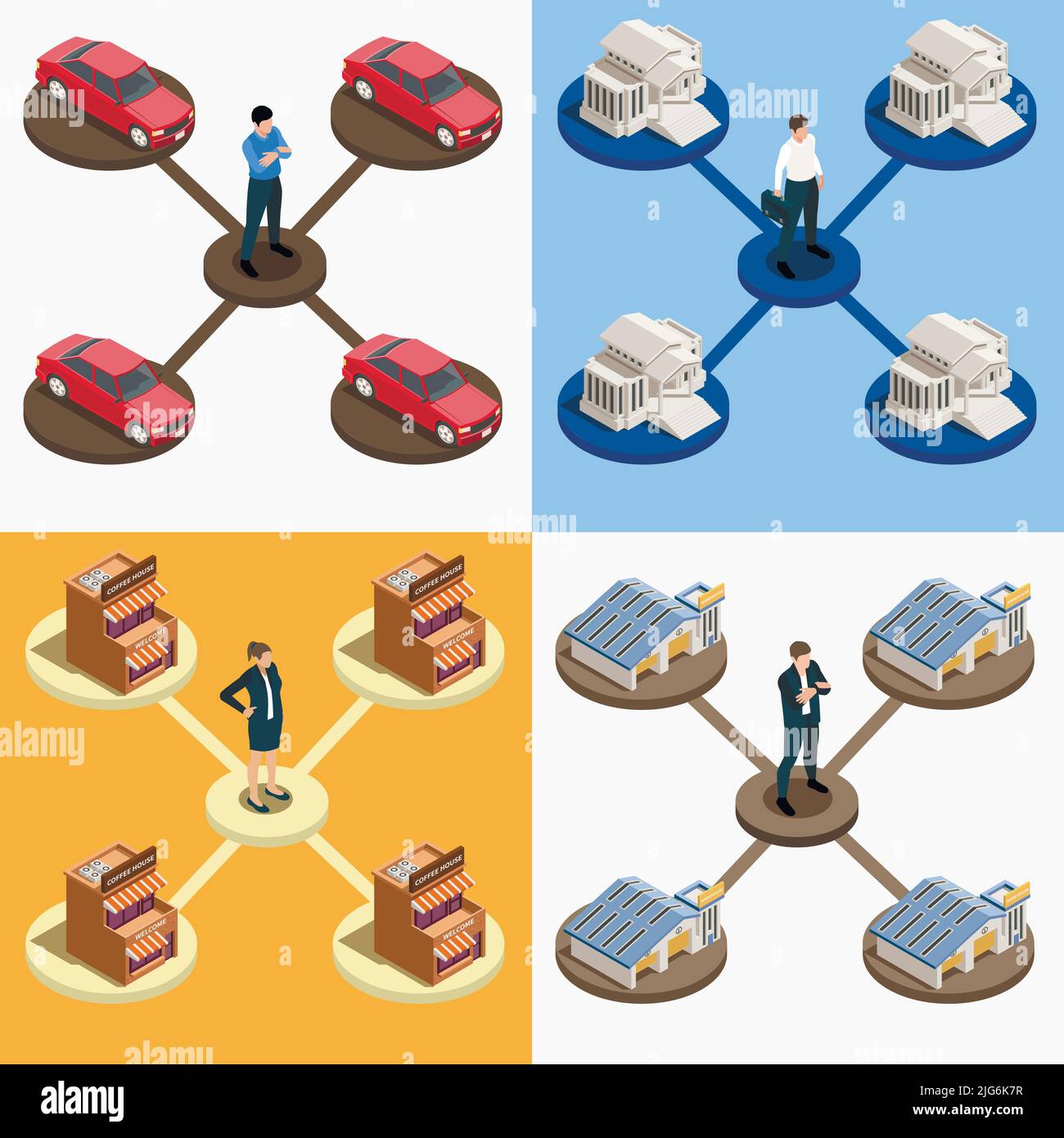 Quattro quadrato franchising isometric icona insieme con la gente e quattro automobili identiche del deposito della costruzione e illustrazione vettoriale della casa di caffè Illustrazione Vettoriale