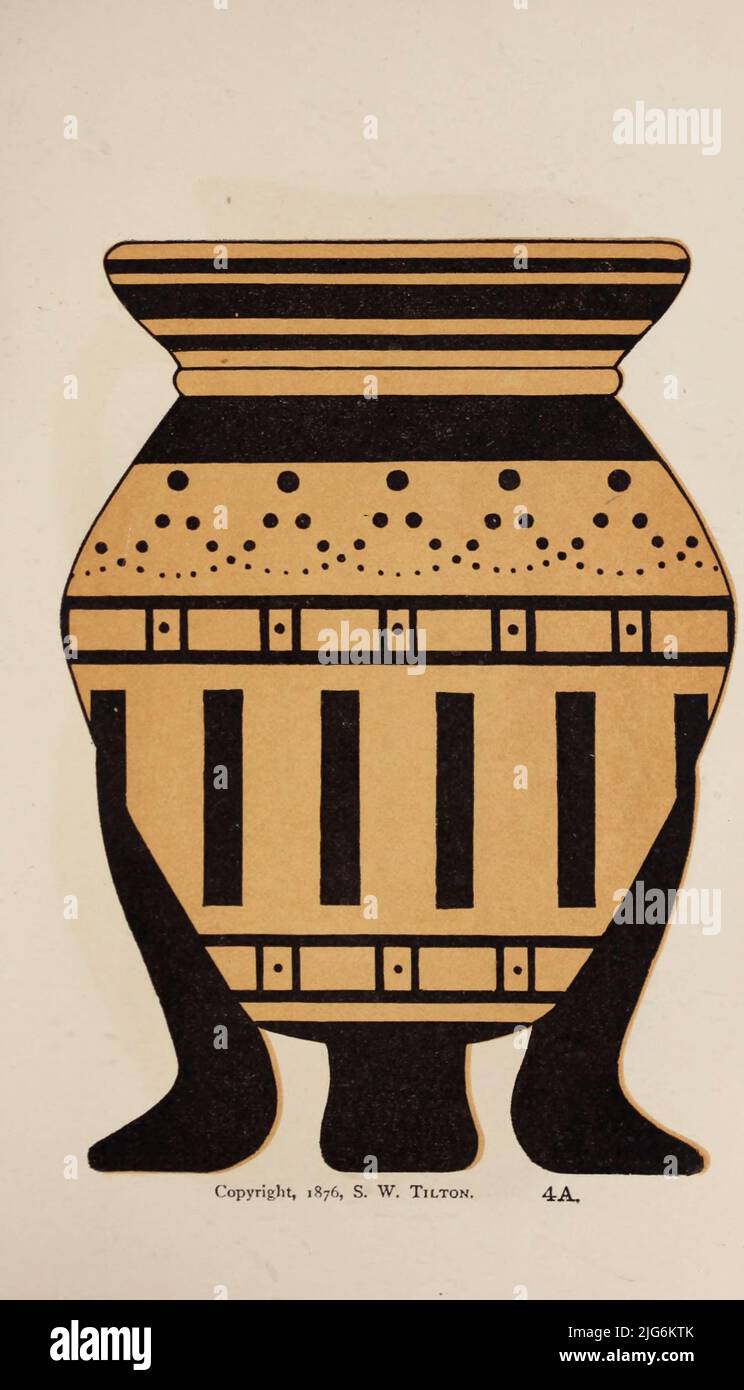 Ceramica greca. Un vaso da treppiede greco, usato a volte per scopi sacrificali. E' probabile, tuttavia, che sia stato dato come premio ai vincitori dei giochi pitiani a Delfi. Il decor e' in stile Greco. Dal libro disegni e istruzioni per la decorazione della ceramica : in imitazione di greco, romano, egiziano, ed altri stili di vasi : con un elenco illustrato e descrittivo di soggetti da selezionare, mostrando dove possono essere ottenuti, insieme a tutti gli articoli richiesti per questo studio da S.W. Tilton and Company Data di pubblicazione 1877 Editore Boston : S.W. Tilton & Co. Foto Stock