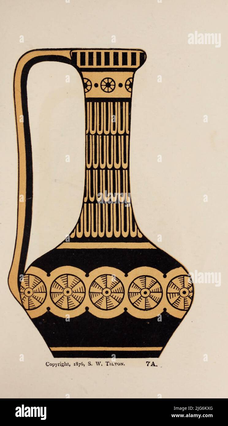 Vaso greco Toilette, del quarto periodo arcaico, decorato secondo lo stile di Ninive. Dal libro disegni e istruzioni per la decorazione della ceramica : in imitazione di greco, romano, egiziano, ed altri stili di vasi : con un elenco illustrato e descrittivo di soggetti da selezionare, mostrando dove possono essere ottenuti, insieme a tutti gli articoli richiesti per questo studio da S.W. Tilton and Company Data di pubblicazione 1877 Editore Boston : S.W. Tilton & Co. Foto Stock