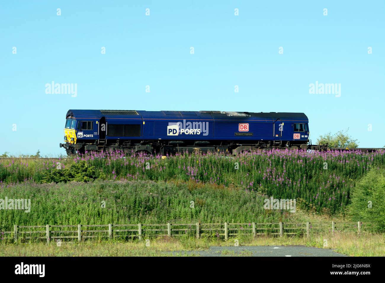 LOCOMOTIVA diesel DB classe 66 n° 66109 'Teesport Express' in PD Ports livrea che tira un treno merci, Warwickshire, Regno Unito Foto Stock