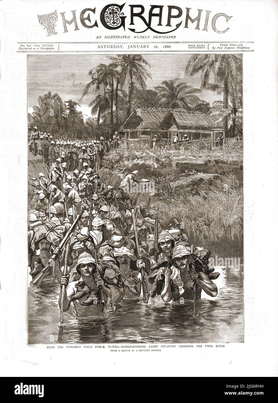 "The Graphic, Front Cover Gennaio 16th. 1886', 1886. Con la Tonghoo Field Force, Burma - Somersetshire Light Fanttry che attraversa il fiume Twsa. Da "The Graphic. Un giornale settimanale illustrato Volume 33. Da gennaio a giugno, 1886". Foto Stock